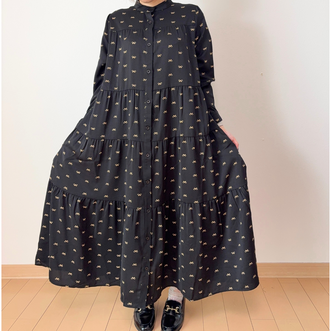 【前開き】3段ティアードロングワンピース　7柄｜イラスト／ドット／リボン柄／サファリ／バニードット／森の動物／B柄