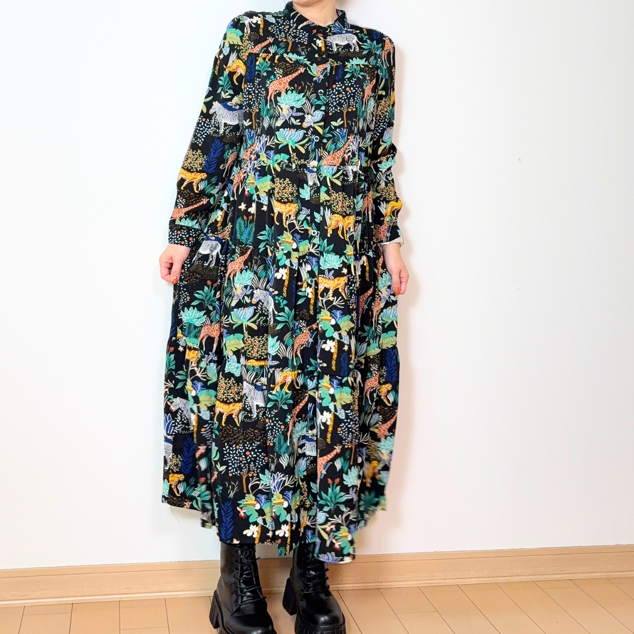 【前開き】3段ティアードロングワンピース　7柄｜イラスト／ドット／リボン柄／サファリ／バニードット／森の動物／B柄