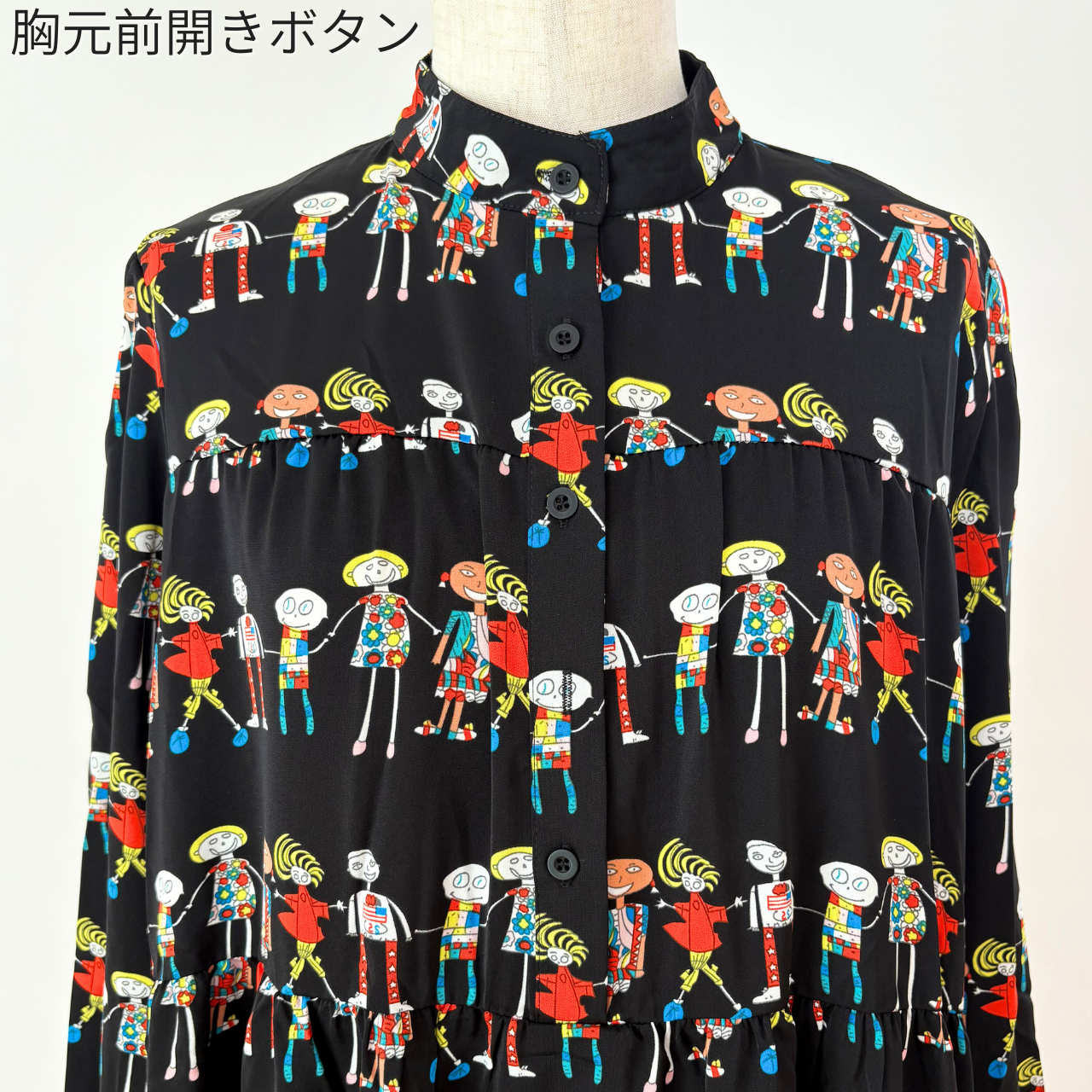 【プルオーバー】前ボタンロングワンピース｜３柄　ラビット／モノトーン手書き風アニマル／フィギア