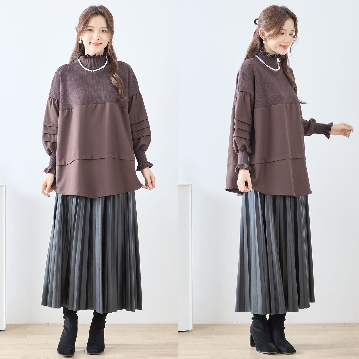 異素材切り替えフリルネックチュニック／やわらかトーンの体型カバーニットドッキングブラウス