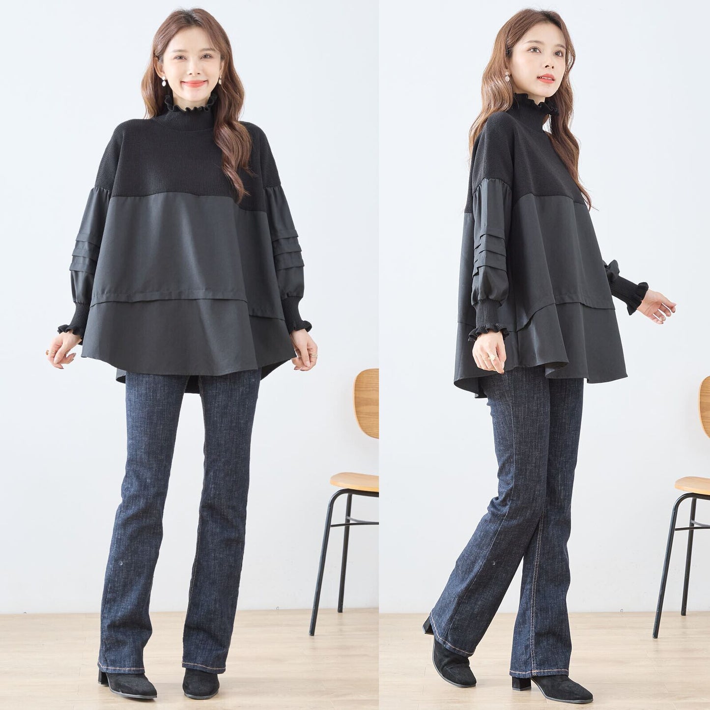 異素材切り替えフリルネックチュニック／やわらかトーンの体型カバーニットドッキングブラウス