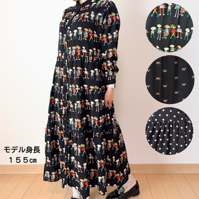 【3柄展開】前開きティアードロングワンピース｜イラスト／ドット／リボン柄