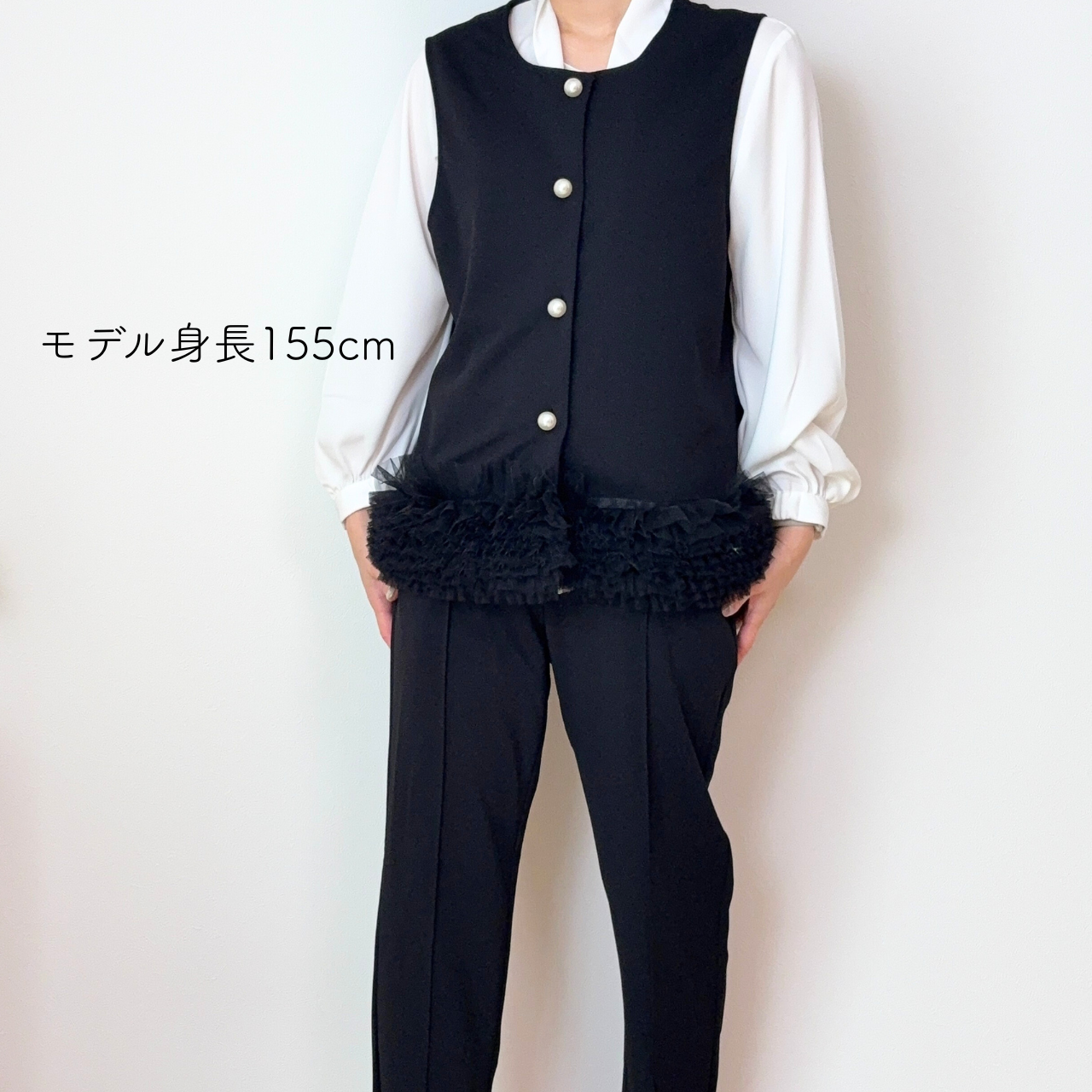 スカラップ裾パンツ】美脚見えセンタープレスパンツ｜ラクしてきちんと見え［ブラック］