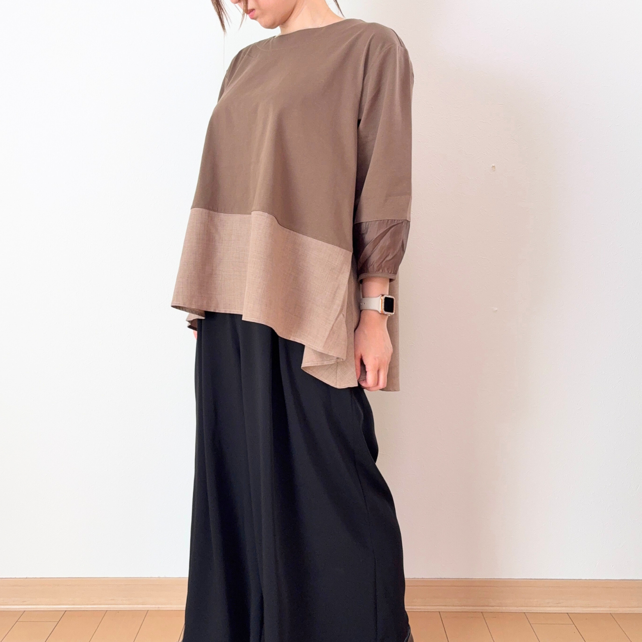 後ろフリル異素材切替トップス｜M-L対応・7分袖