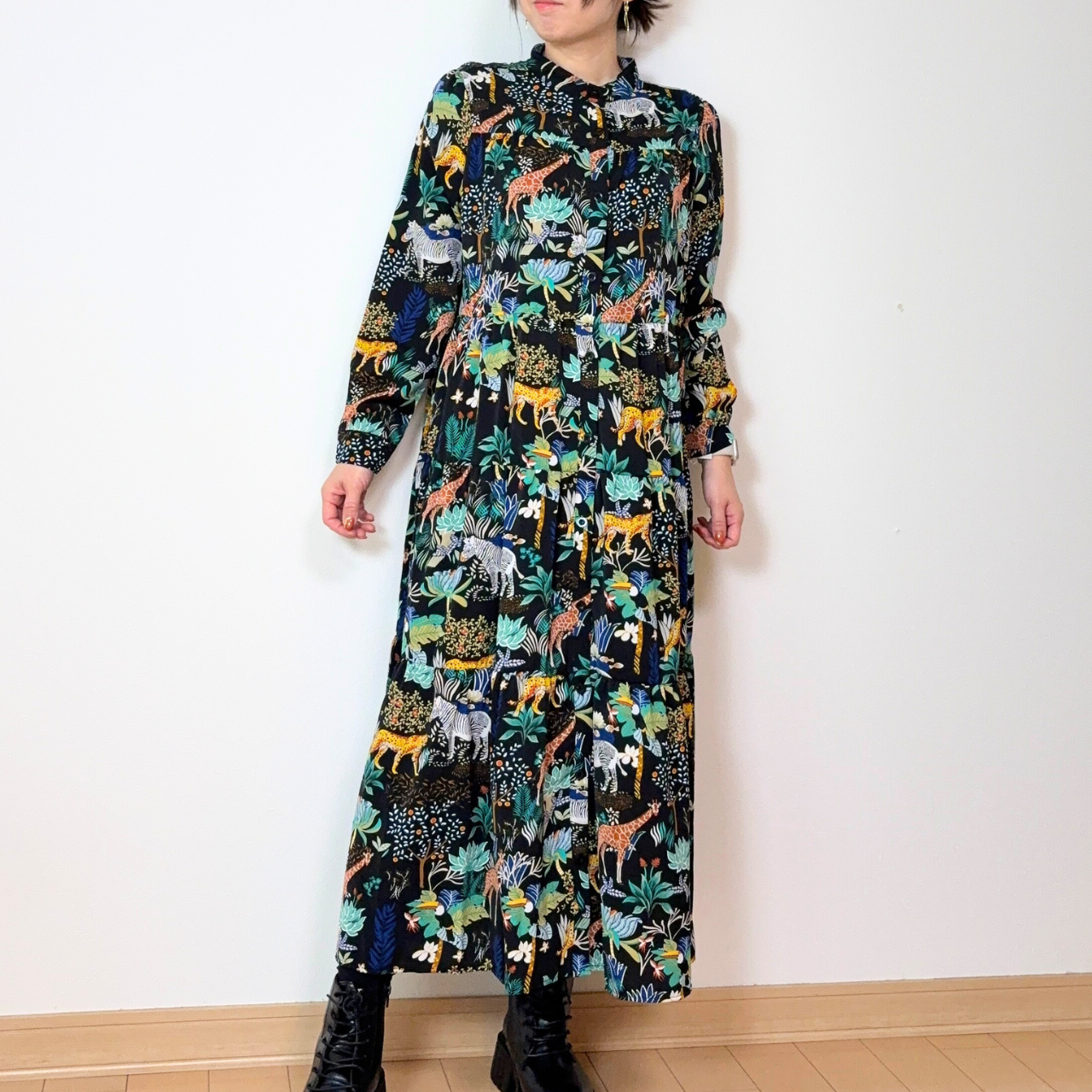 【前開き】3段ティアードロングワンピース　7柄｜イラスト／ドット／リボン柄／サファリ／バニードット／森の動物／B柄