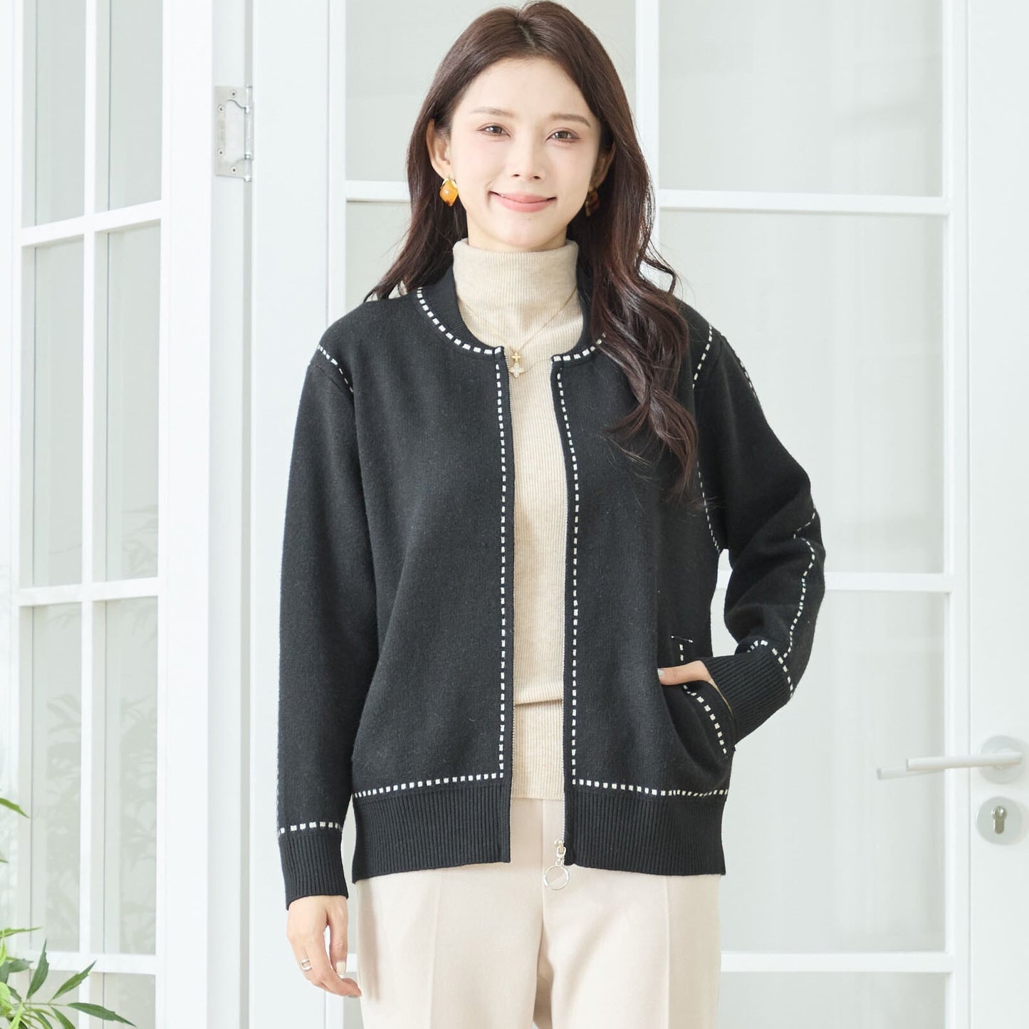 【M〜L】配色ステッチジップアップニットカーディガン(N25-210A)