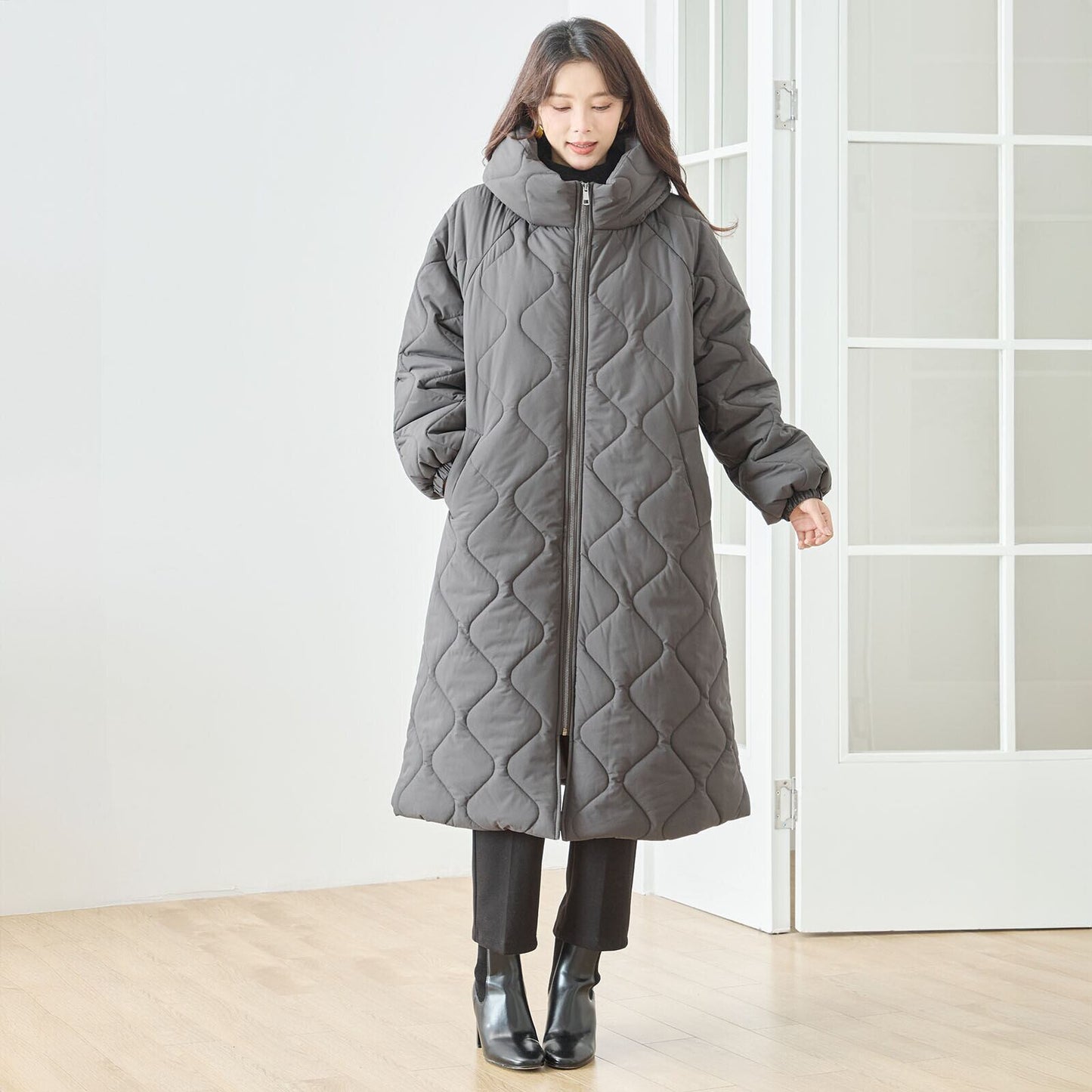 【M~L】ウェーブキルティングロングコート(N23-113)