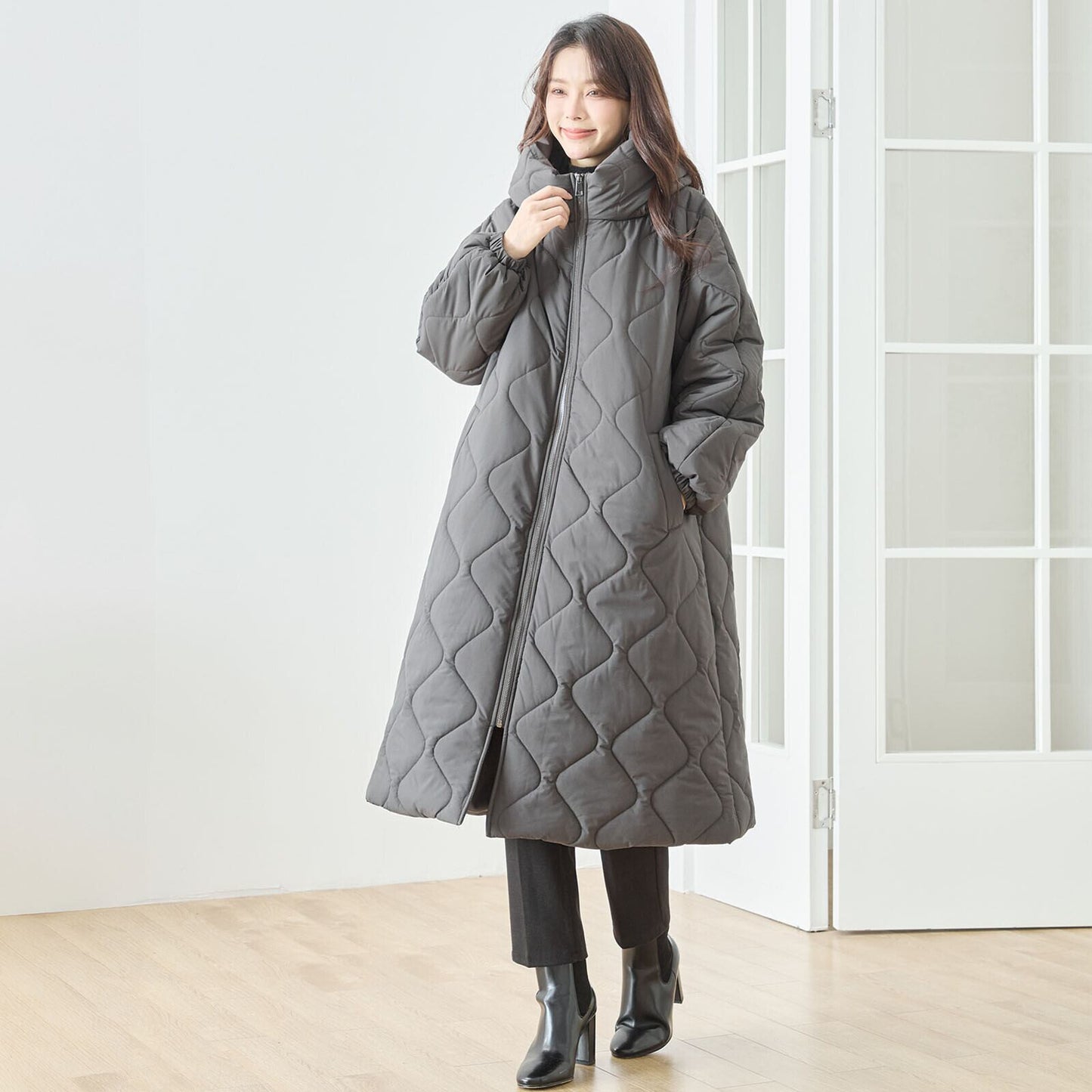 【M~L】ウェーブキルティングロングコート(N23-113)