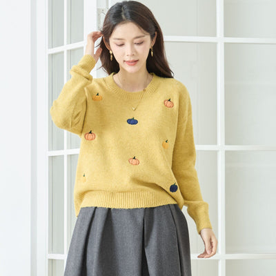 M~L】カラフルパンプキン刺繍ニットプルオーバー(N15-273)