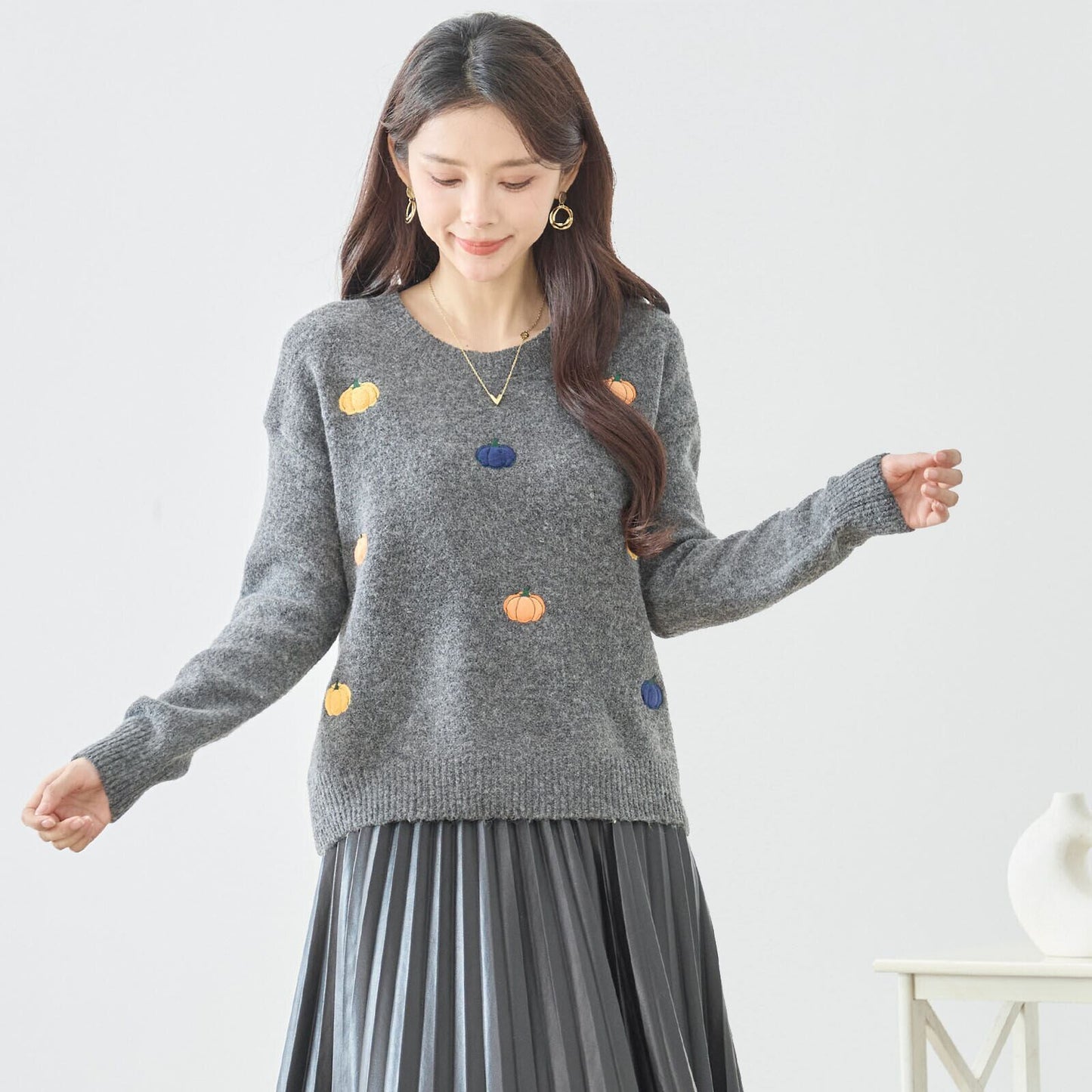 M~L】カラフルパンプキン刺繍ニットプルオーバー(N15-273)