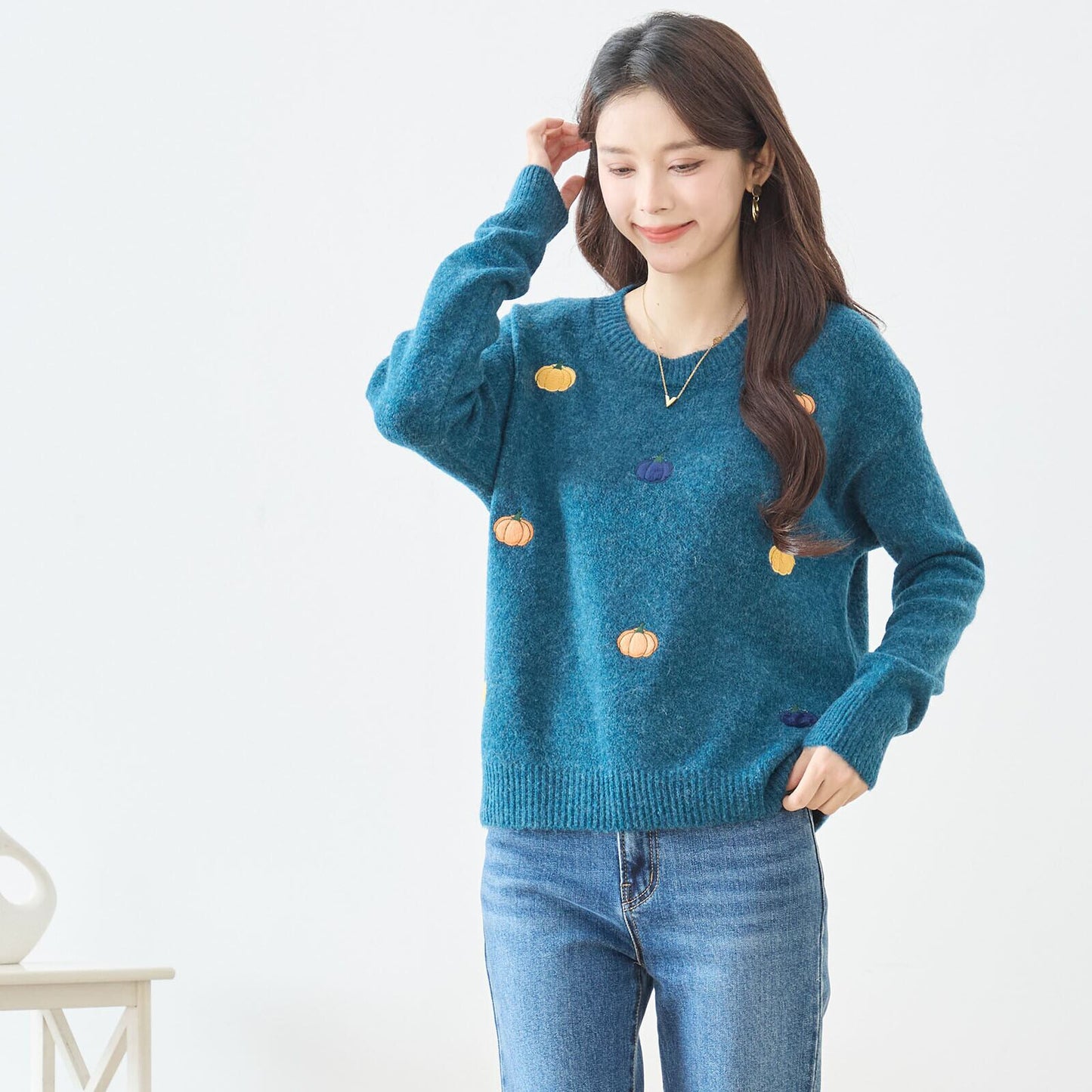 M~L】カラフルパンプキン刺繍ニットプルオーバー(N15-273)