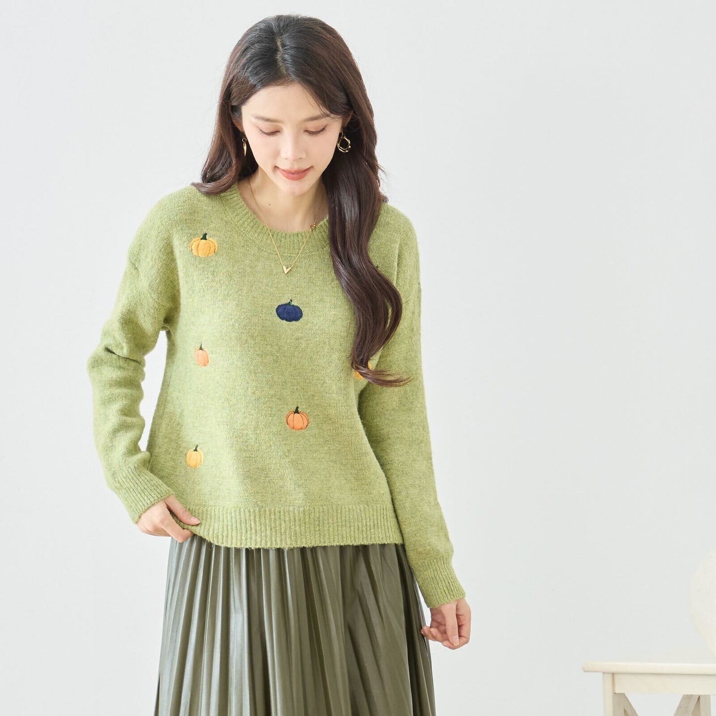 M~L】カラフルパンプキン刺繍ニットプルオーバー(N15-273)