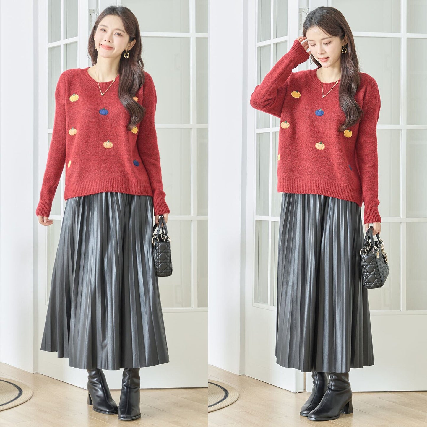 M~L】カラフルパンプキン刺繍ニットプルオーバー(N15-273)