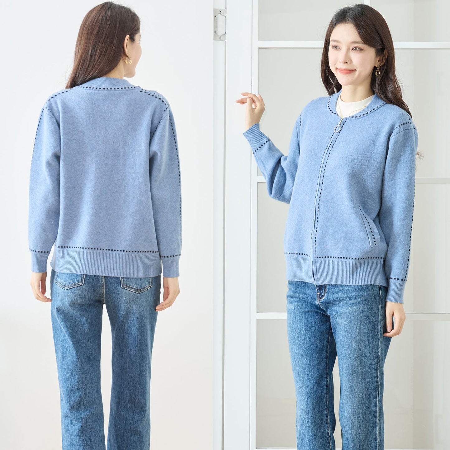 【M〜L】配色ステッチジップアップニットカーディガン(N25-210A)