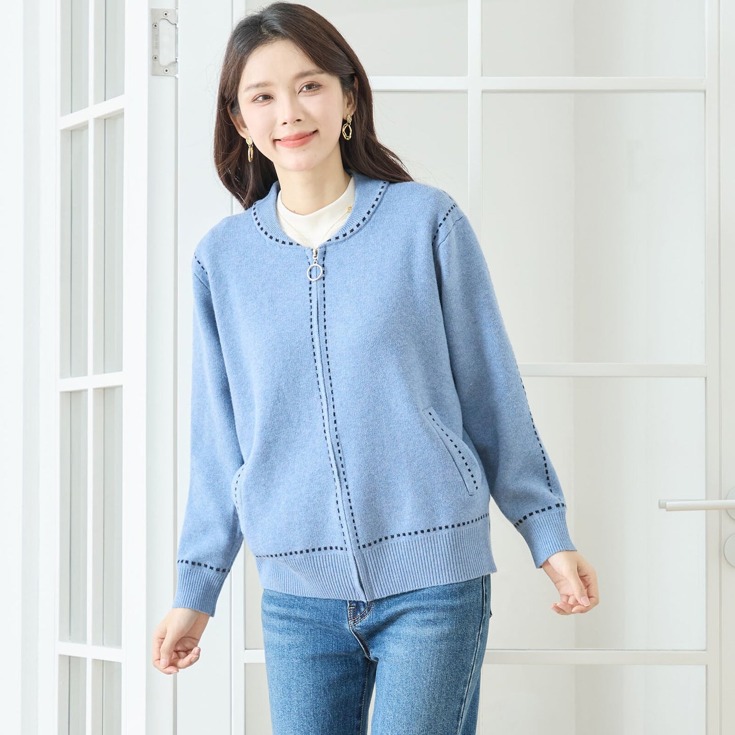 【M〜L】配色ステッチジップアップニットカーディガン(N25-210A)