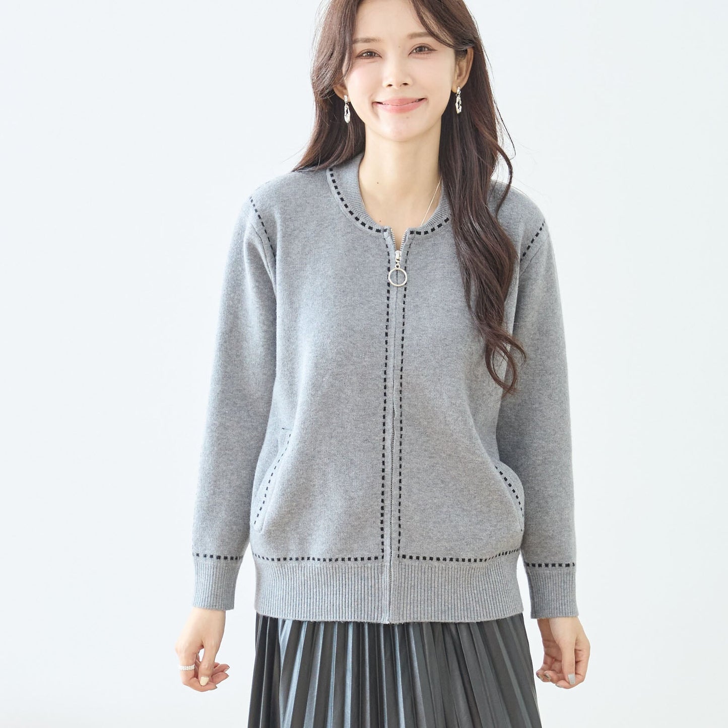 【M〜L】配色ステッチジップアップニットカーディガン(N25-210A)