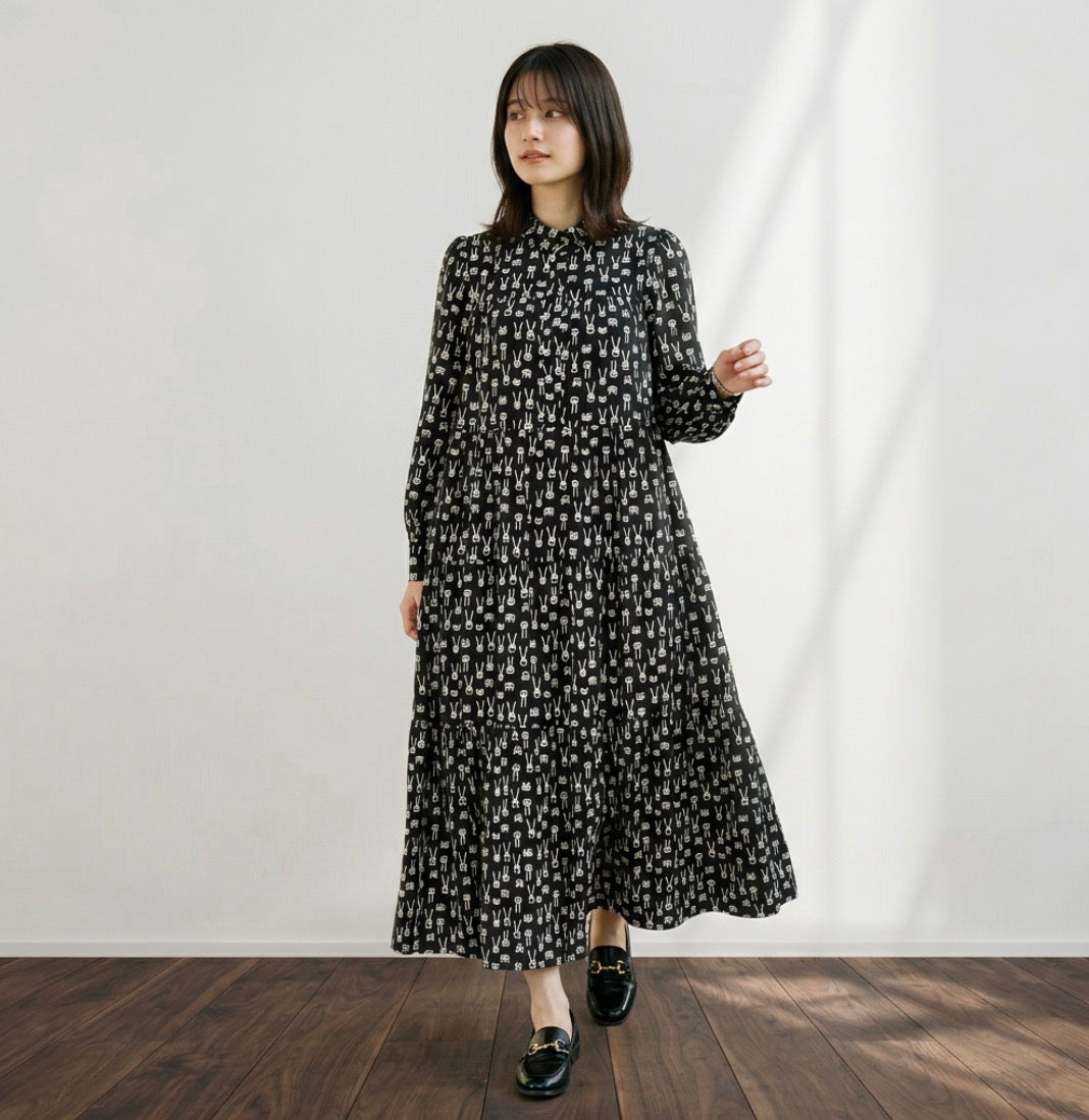 【前開き】アソート柄ティアードワンピース