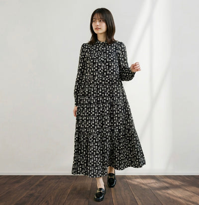 【前開き】アソート柄ティアードワンピース