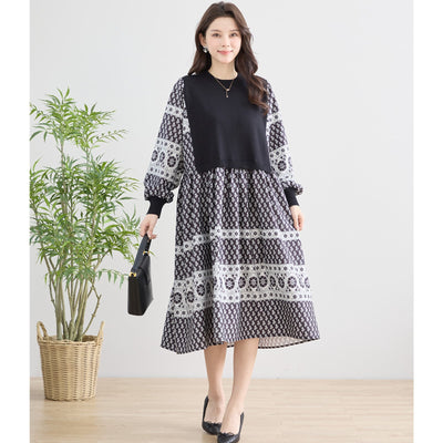 ニット切替プリントデザインワンピース｜異素材ミックスで華やぐ大人の一枚