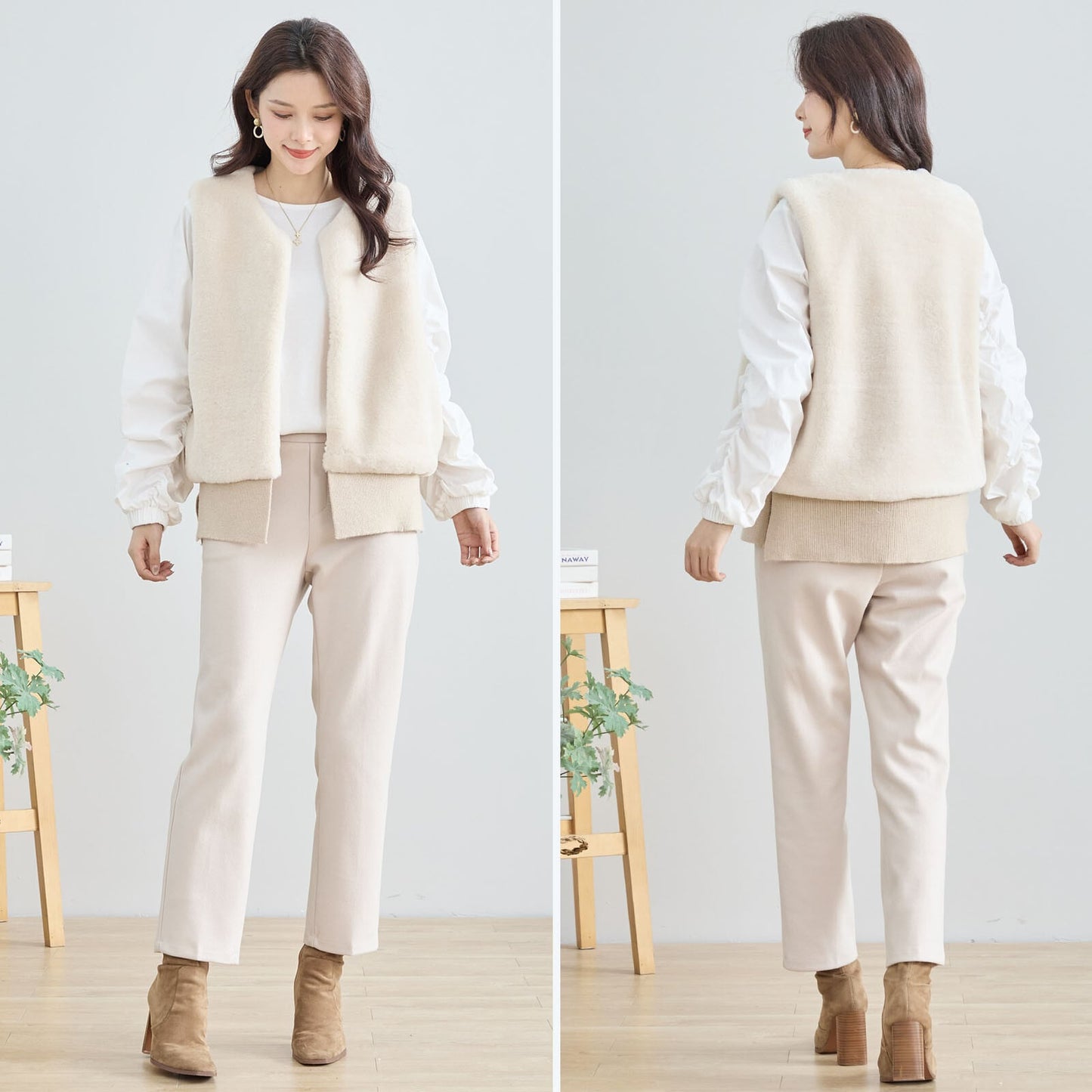 着膨れしない体型カバーファーベスト｜ショート丈／ポケット付き／大人ナチュラル