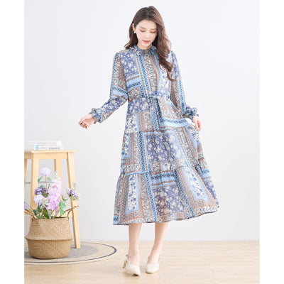 大きいサイズ　ワンピース　L~LL　フラワーパッチワーク柄