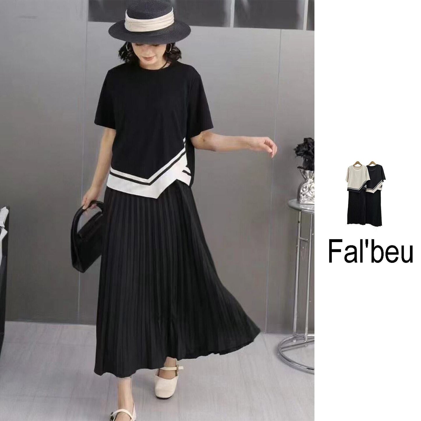 セットアップワンピース　アシメデザインカットソー×プリーツワンピース　【Fal’beu】