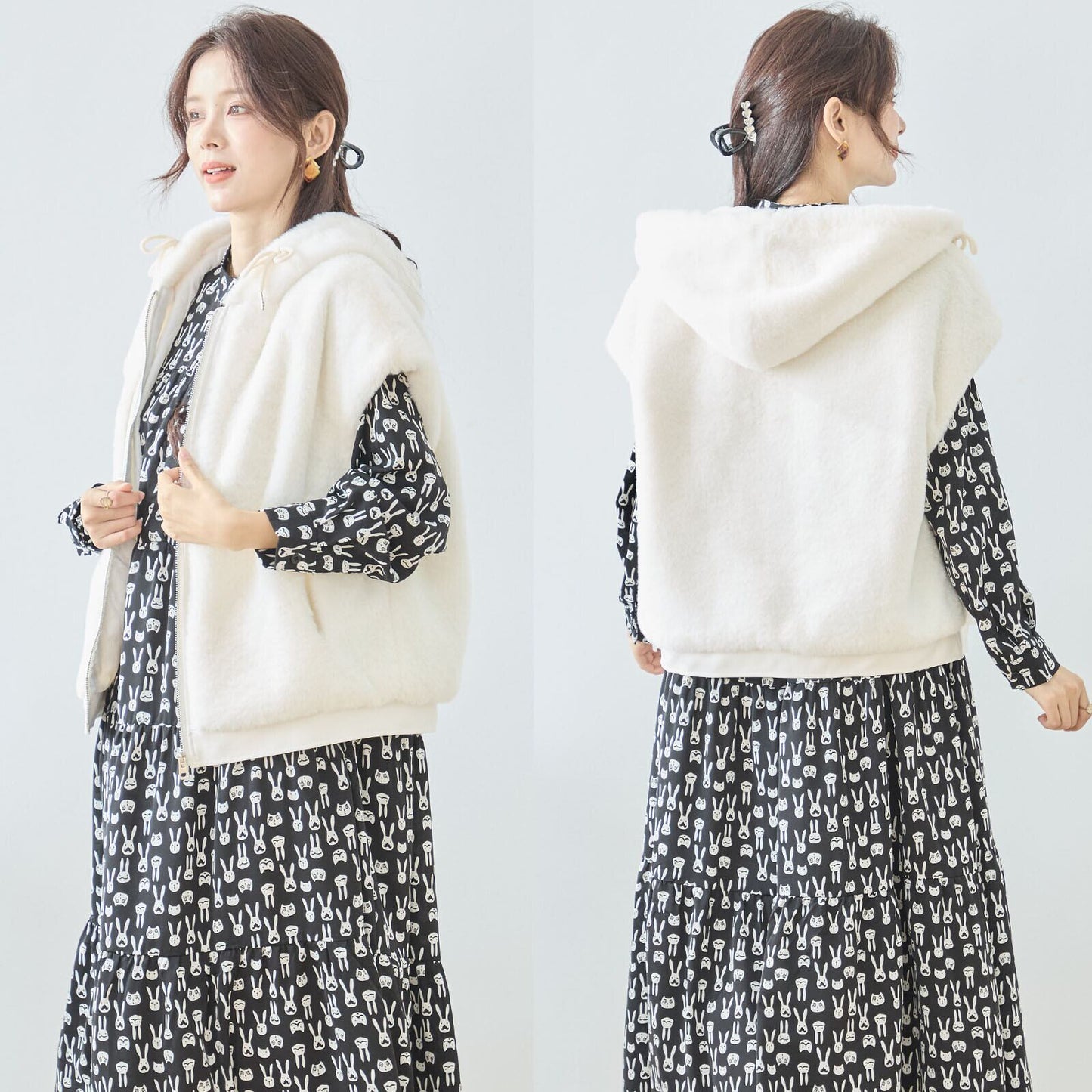 ふわ軽フード付きボアベスト／二の腕・お腹まわりをやさしくカバー