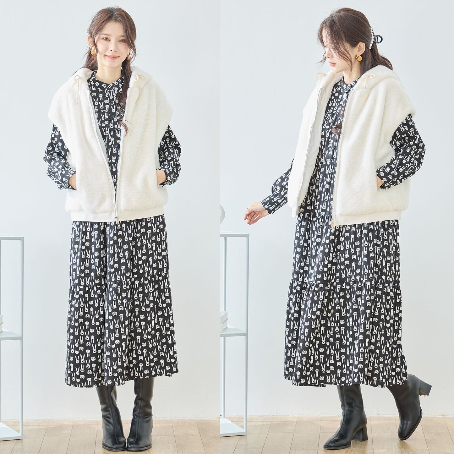 ふわ軽フード付きボアベスト／二の腕・お腹まわりをやさしくカバー