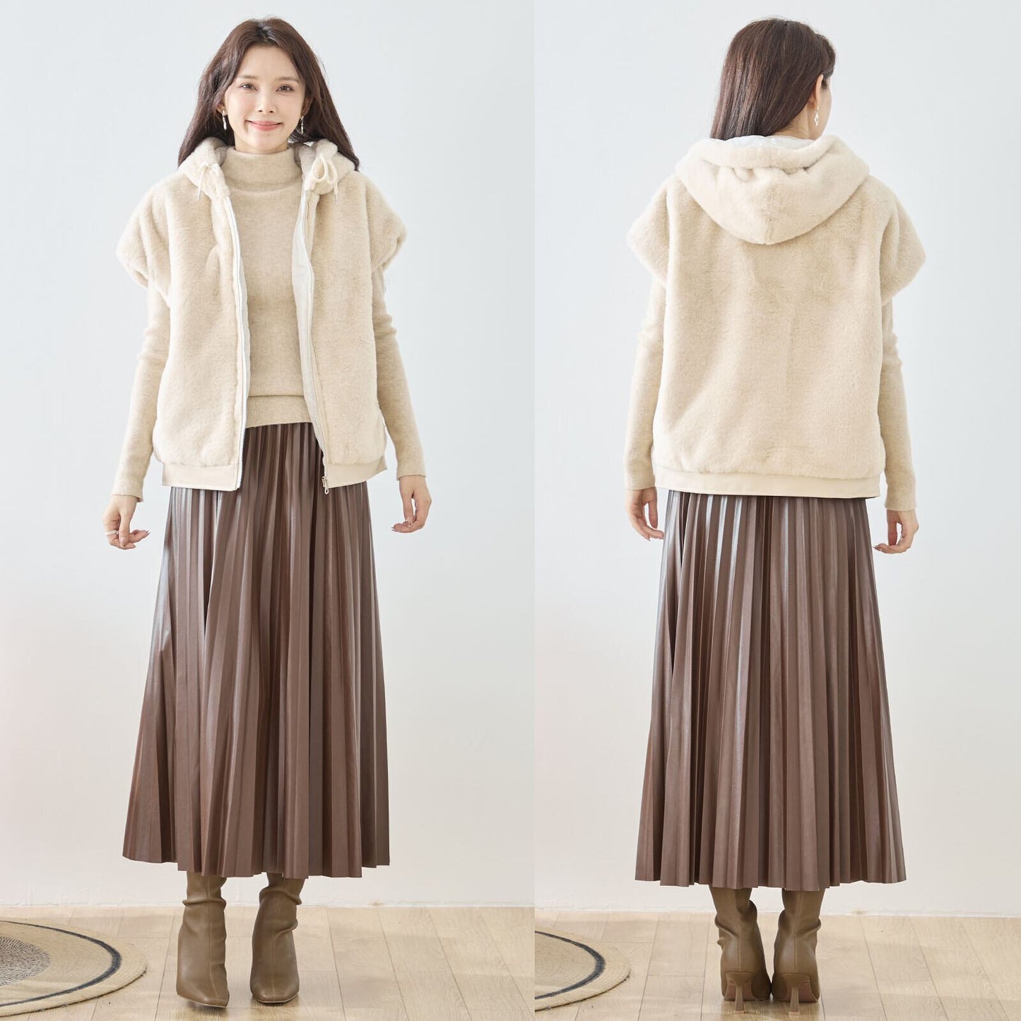 ふわ軽フード付きボアベスト／二の腕・お腹まわりをやさしくカバー