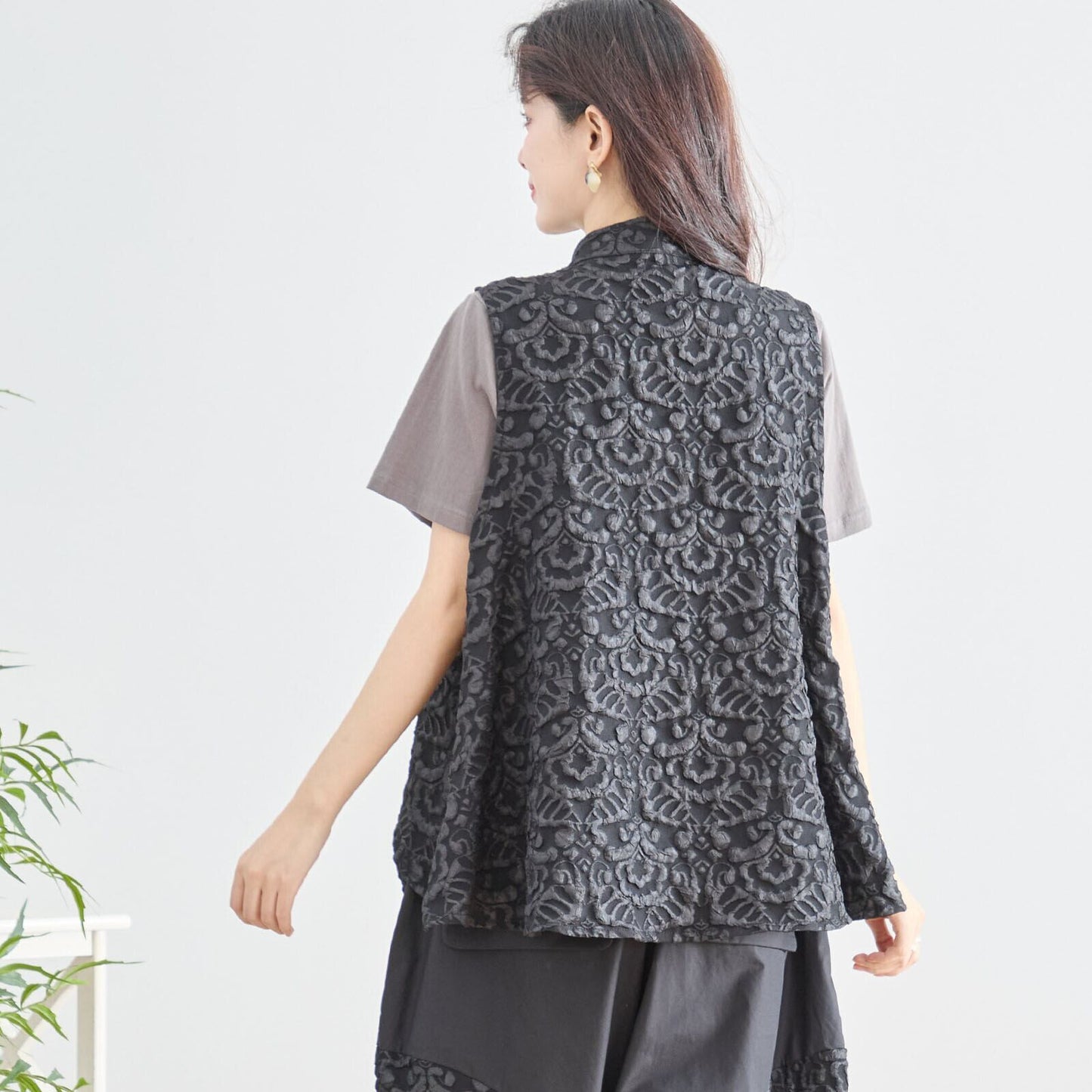 ジャガード切替ベストセットアップ｜体型カバー・大人上品コーデ完成セット【ゆったりサイズ】