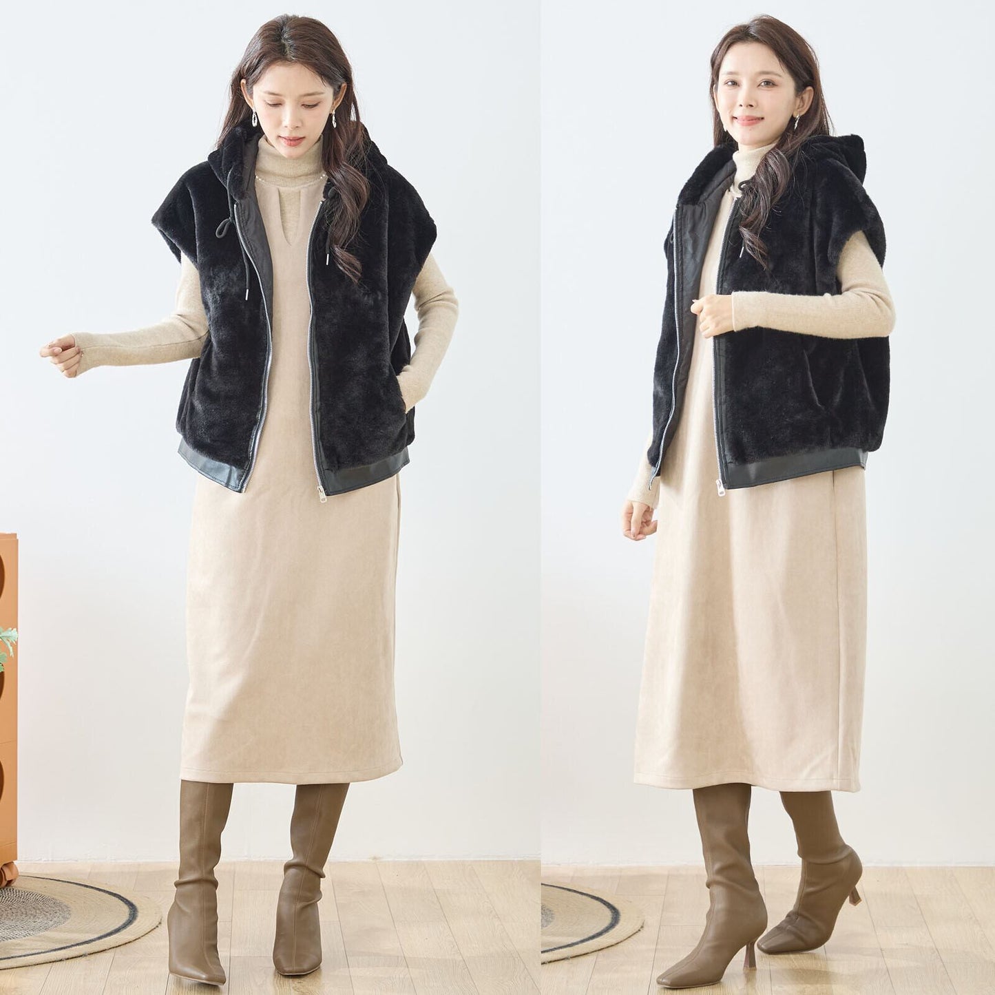 ふわ軽フード付きボアベスト／二の腕・お腹まわりをやさしくカバー