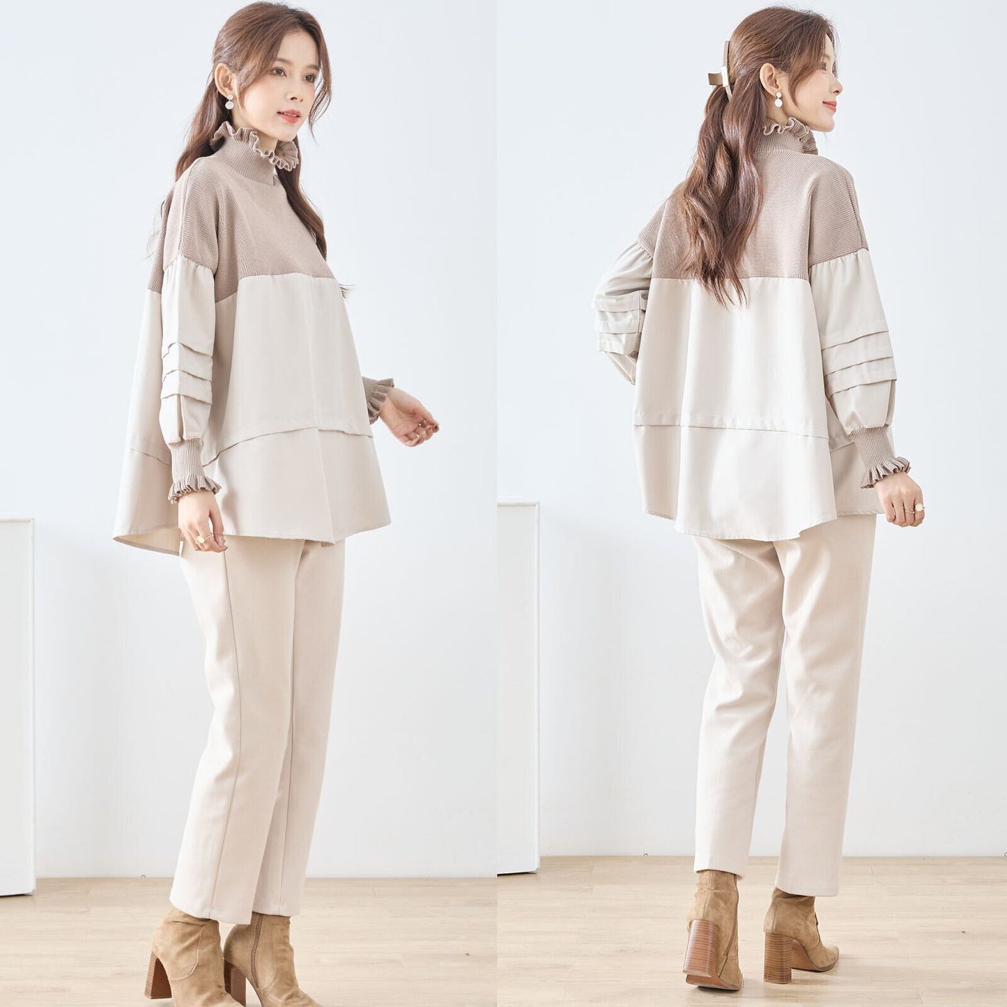 異素材切り替えフリルネックチュニック／やわらかトーンの体型カバーニットドッキングブラウス