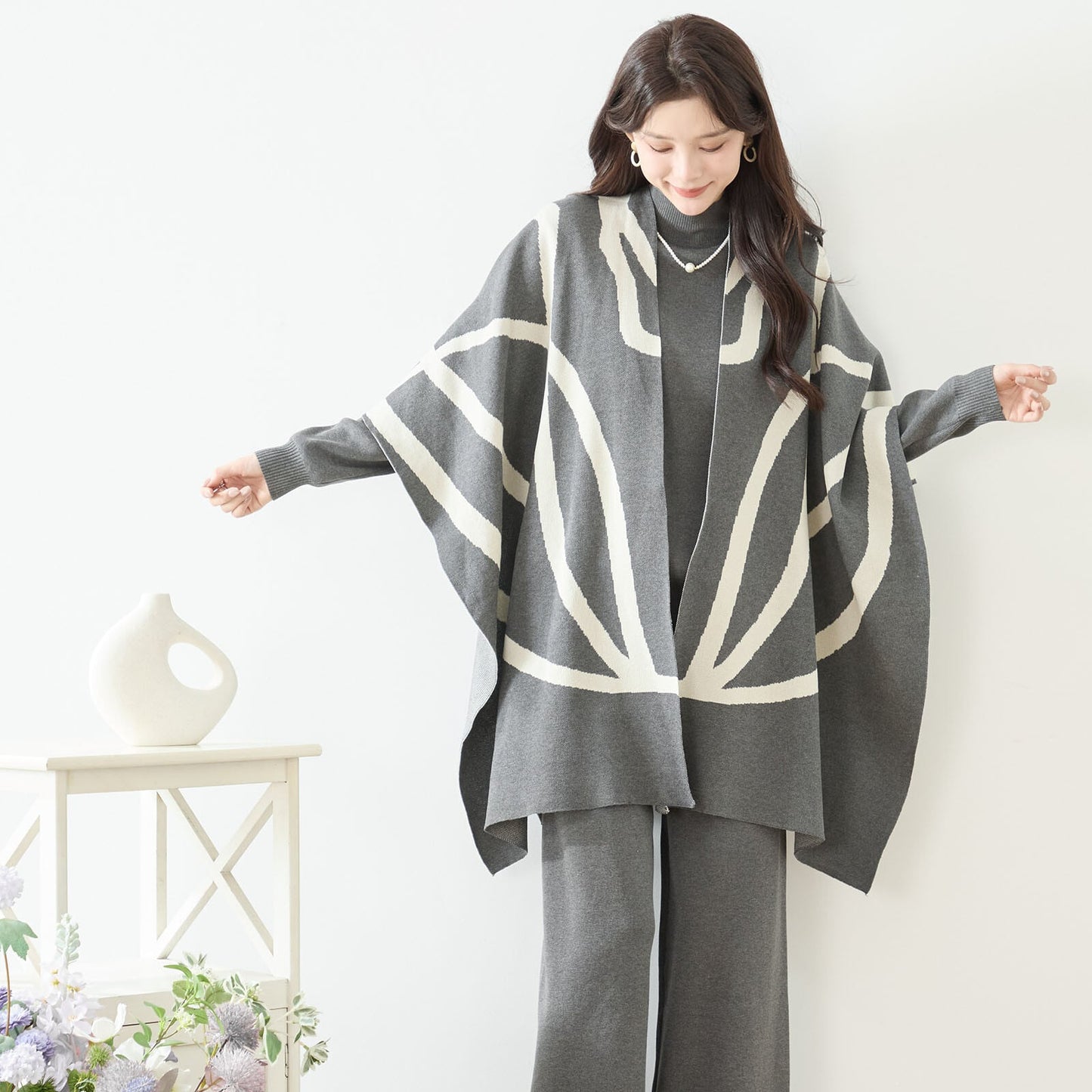 【3点セット】ライン柄ジャガードニットセットアップ｜カーディガン・トップス・パンツ（M〜L）