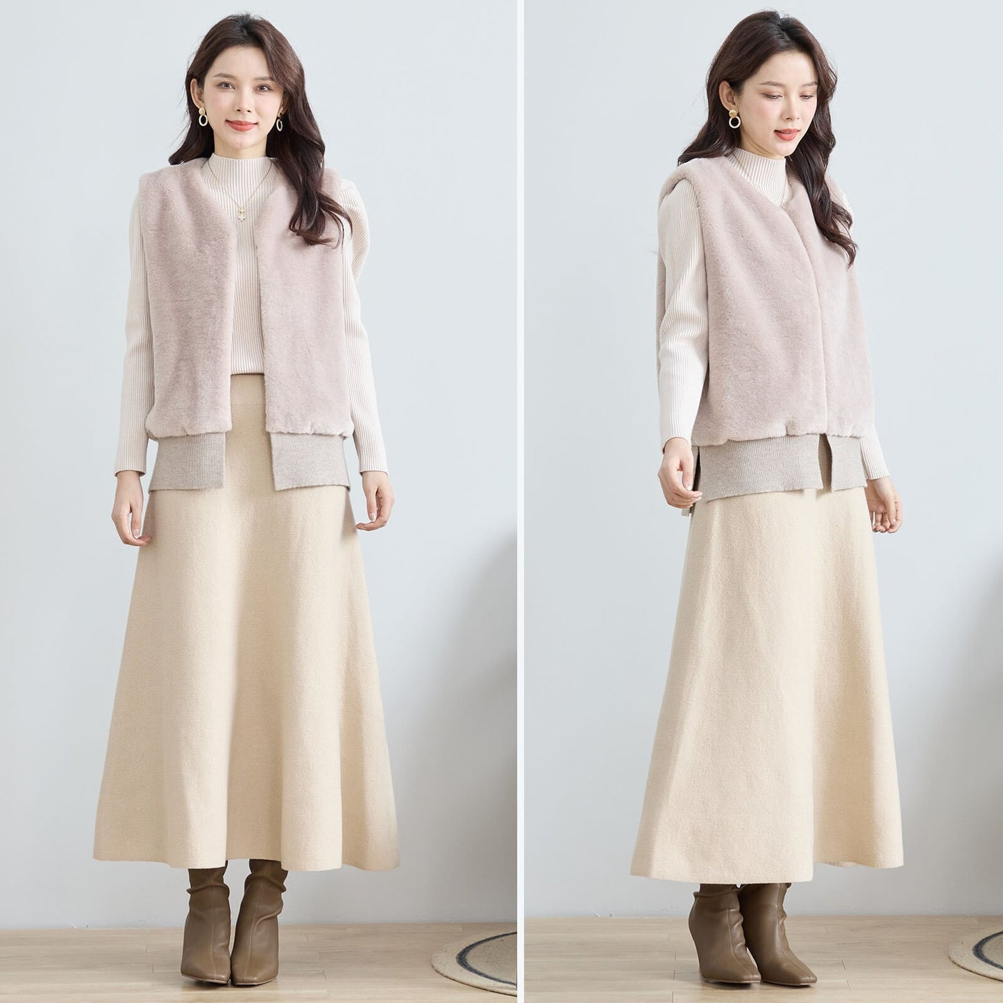 着膨れしない体型カバーファーベスト｜ショート丈／ポケット付き／大人ナチュラル