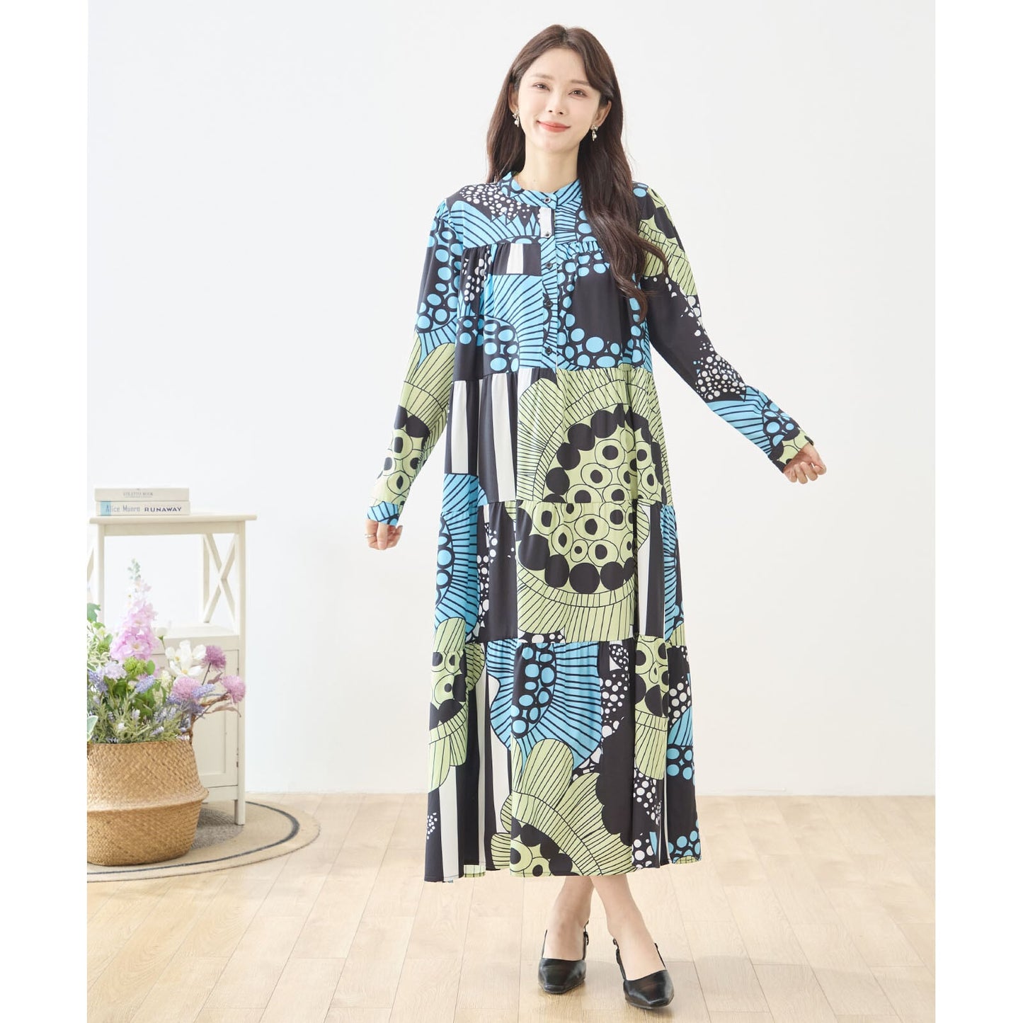 L~LL 幾何学柄Aラインワンピース