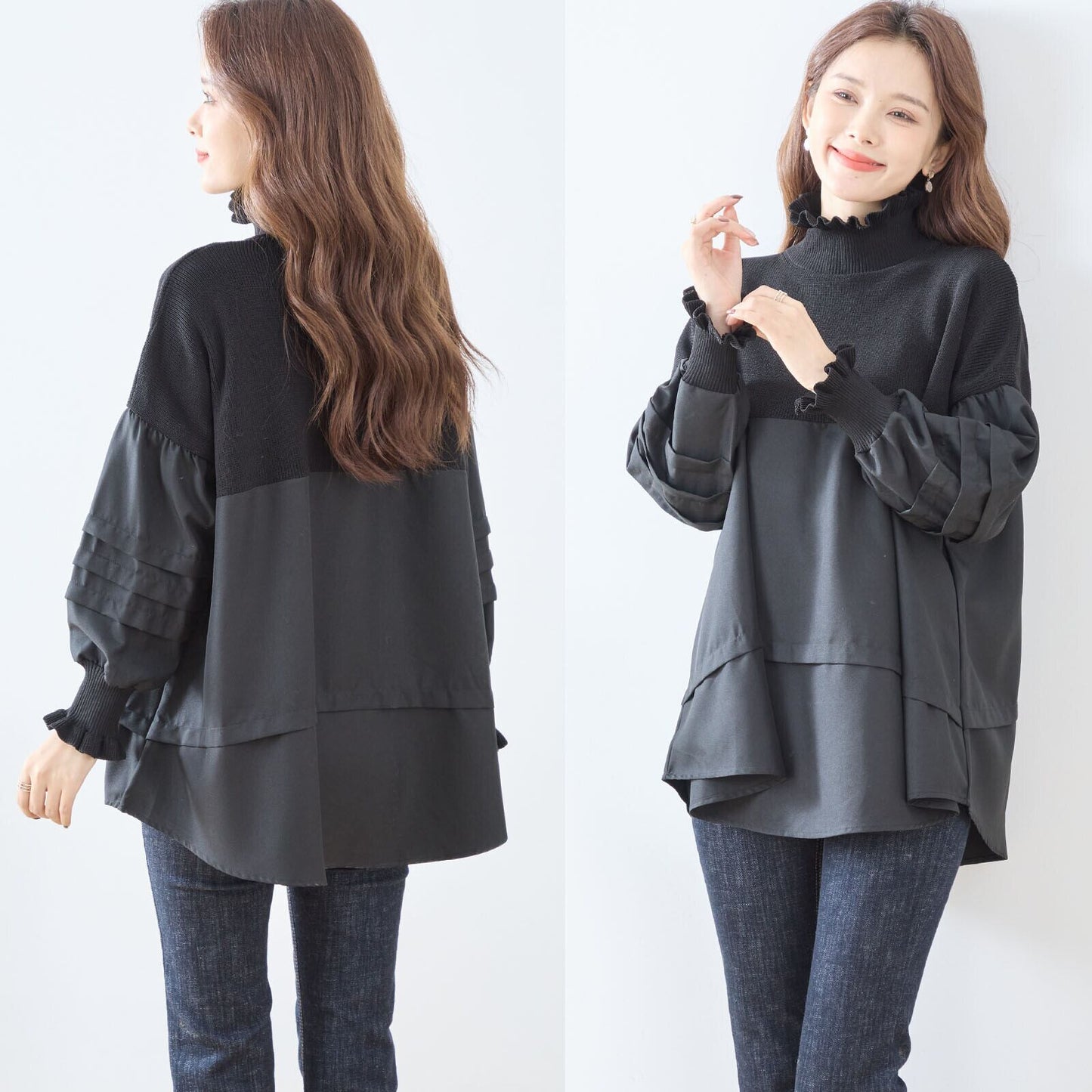 異素材切り替えフリルネックチュニック／やわらかトーンの体型カバーニットドッキングブラウス