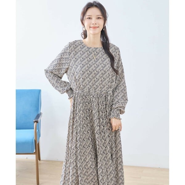 【L〜LL】アートジオメトリックプリントワンピース（N82-091A）