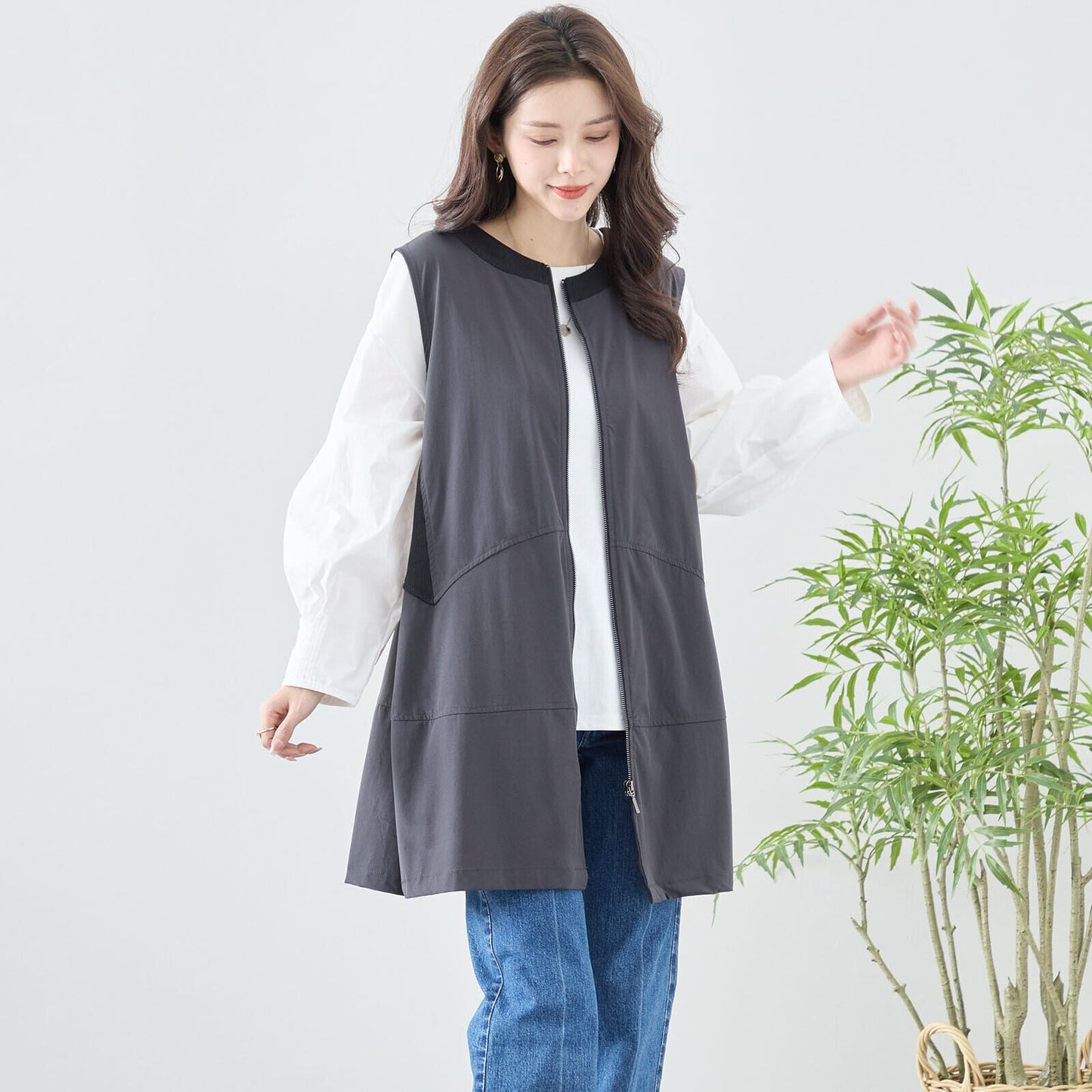 ジップアップポケットフレアロングベスト【ワンサイズ】