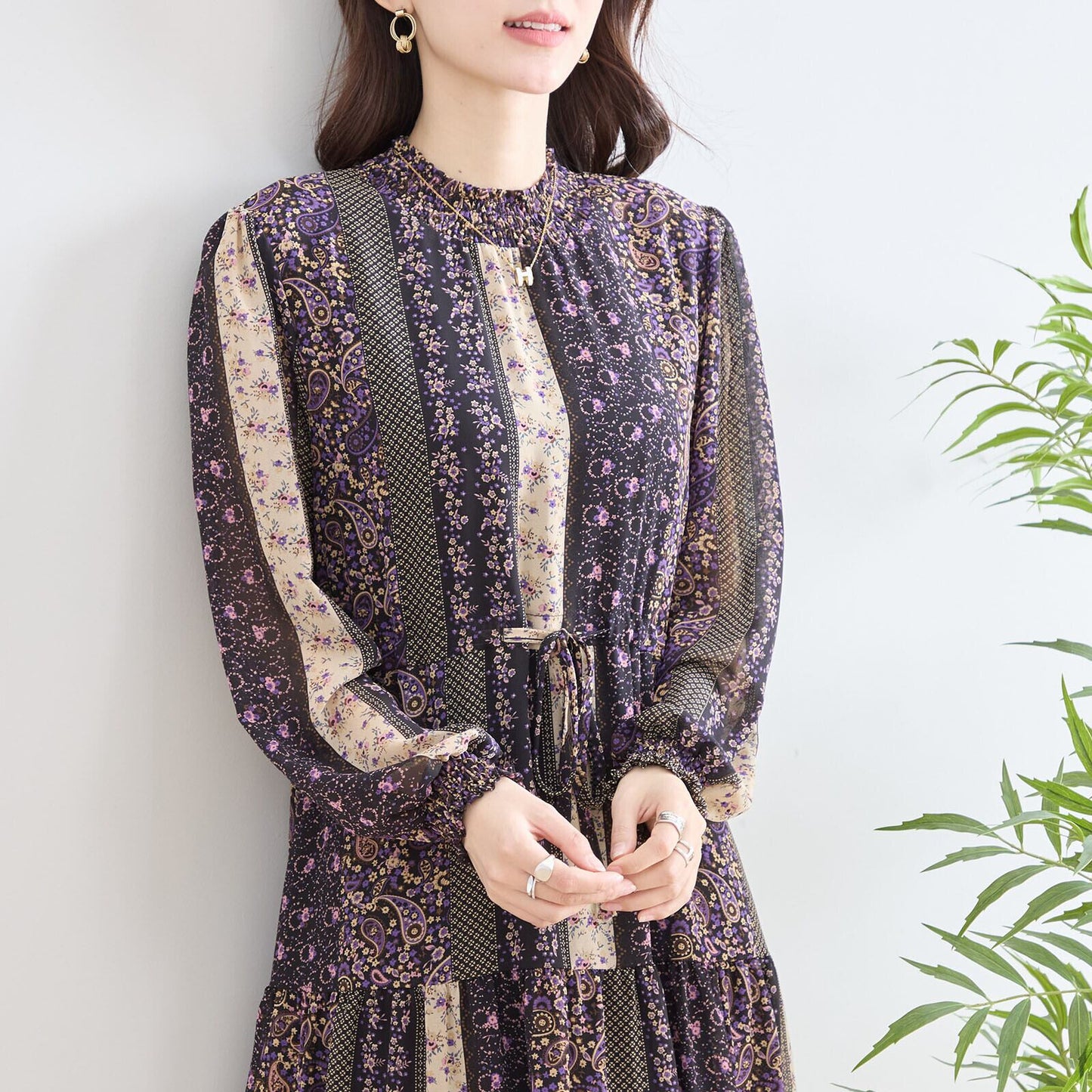 【L〜LL】エスニックシフォンティアードワンピース