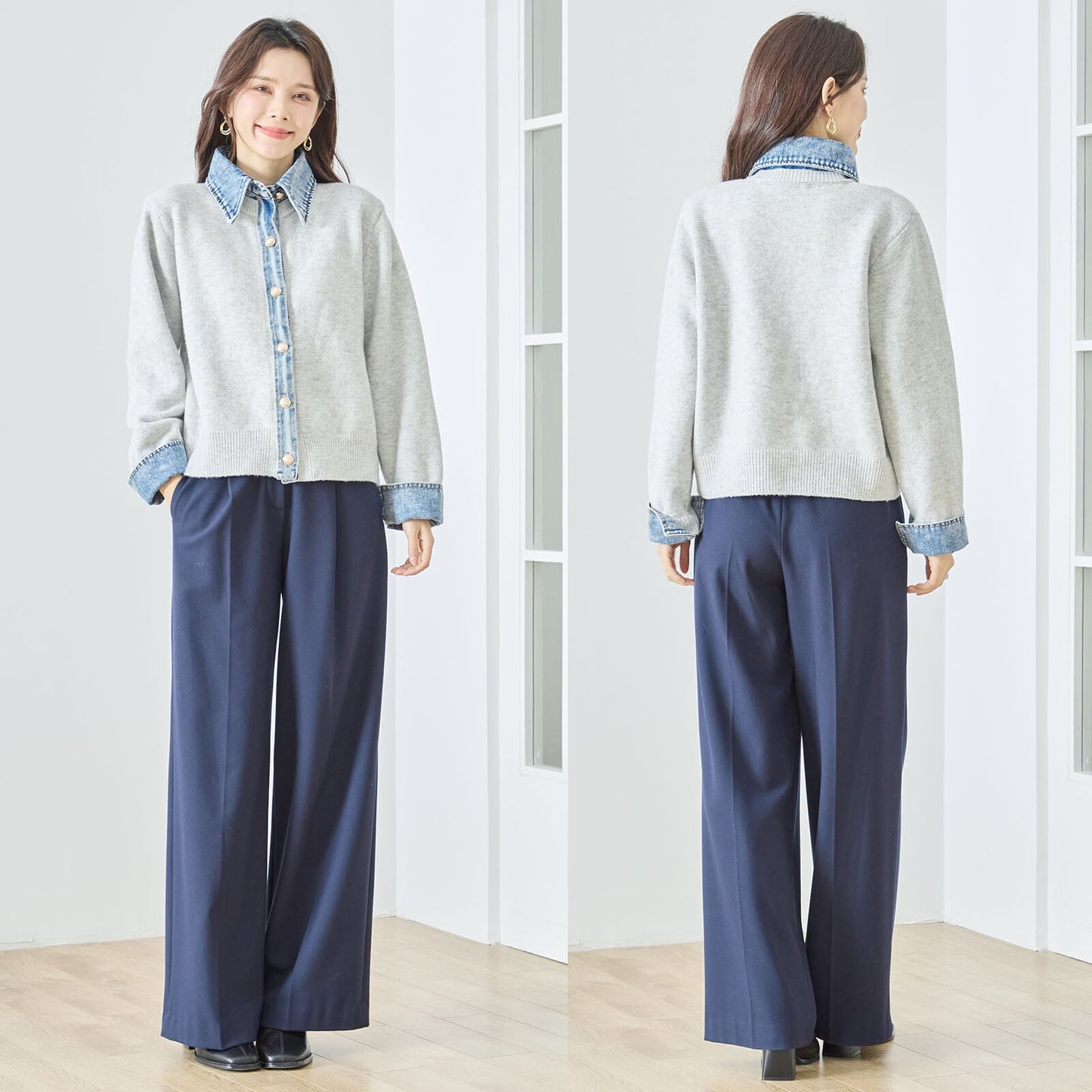 異素材切替 デニム衿×カーディガン