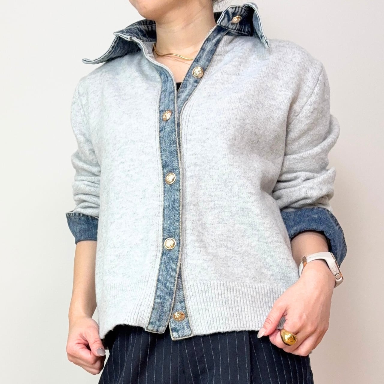 異素材切替 デニム衿×カーディガン