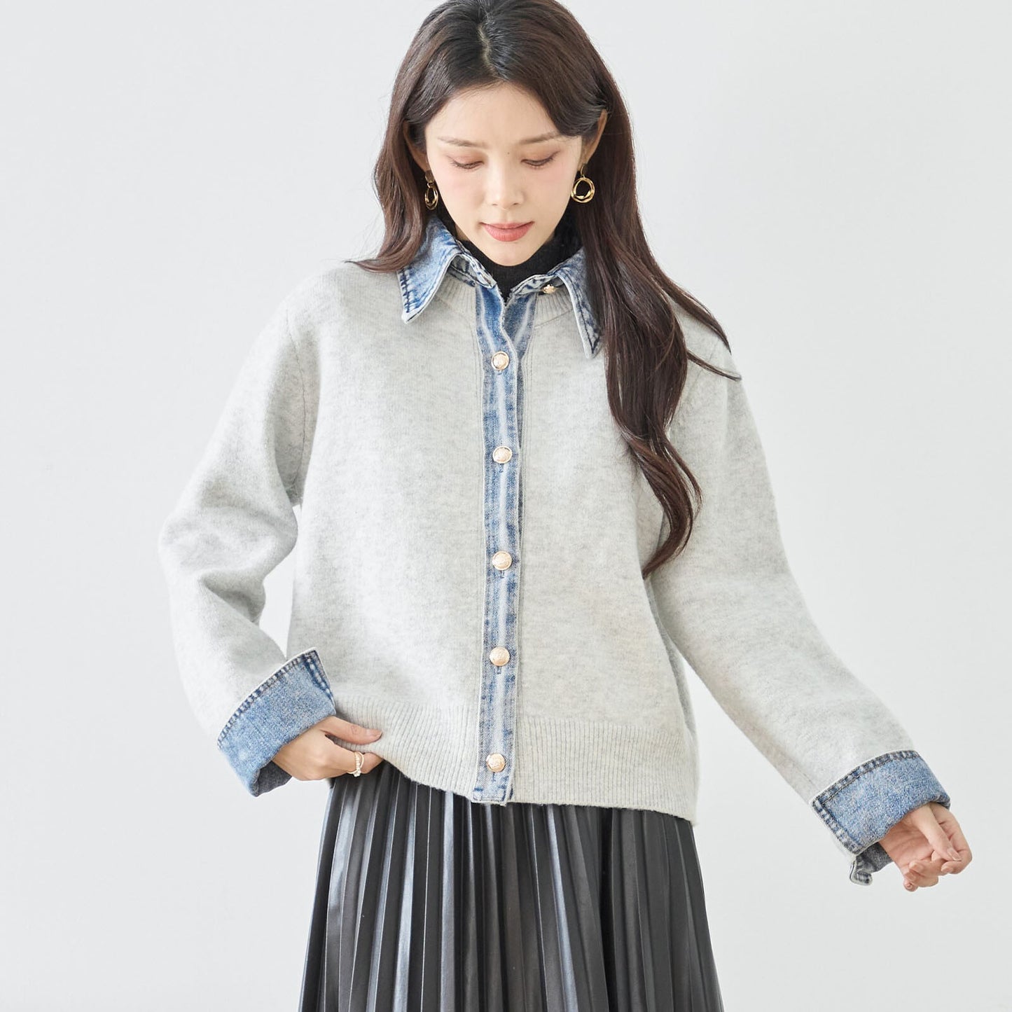 異素材切替 デニム衿×カーディガン