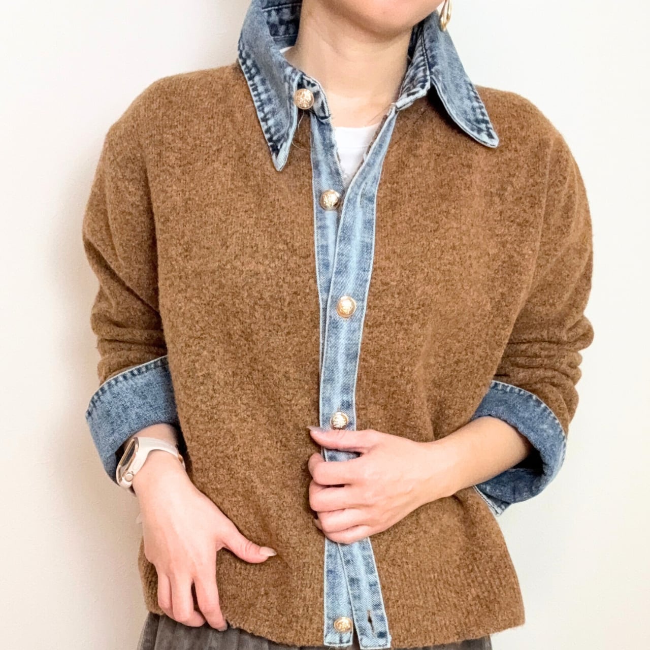異素材切替 デニム衿×カーディガン