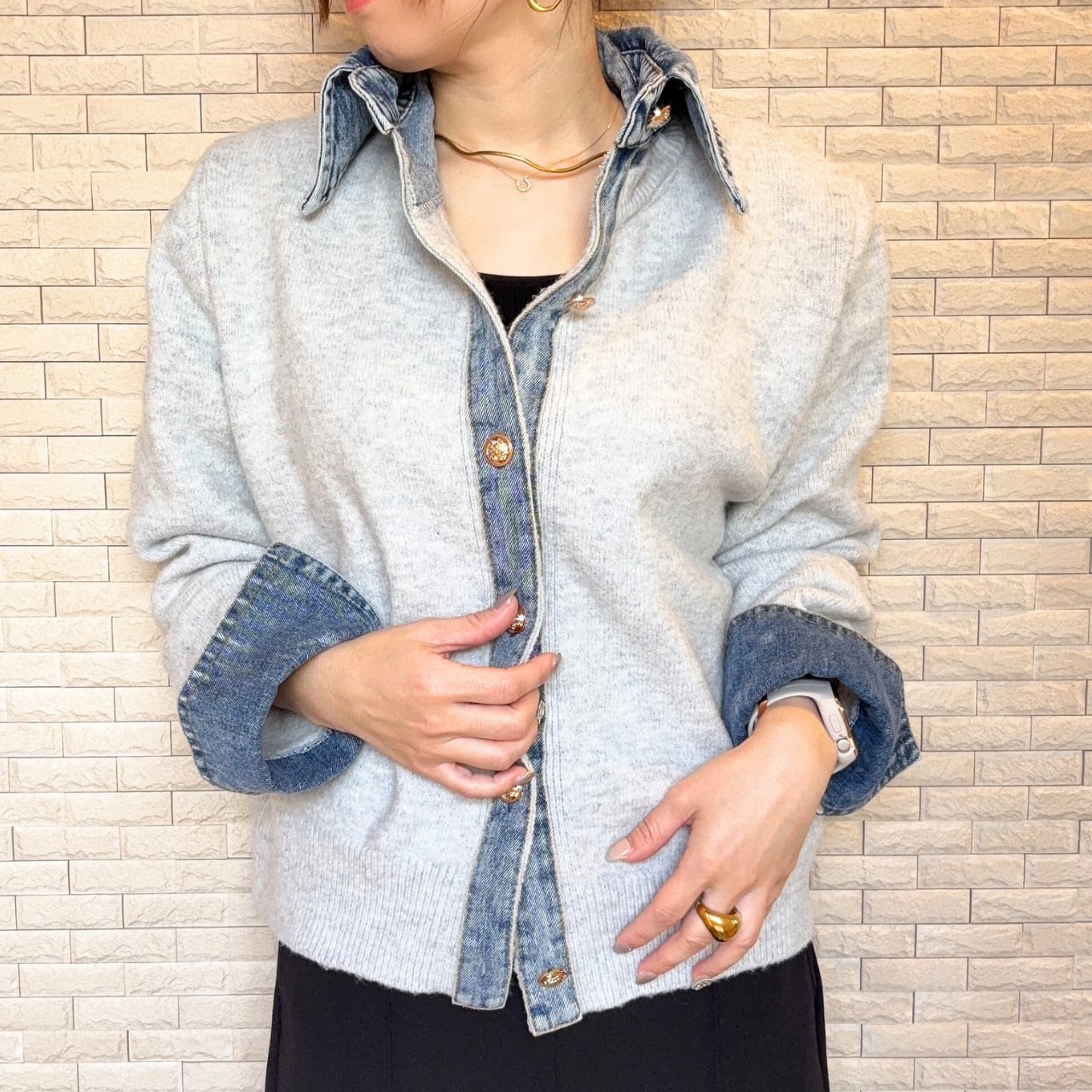 異素材切替 デニム衿×カーディガン