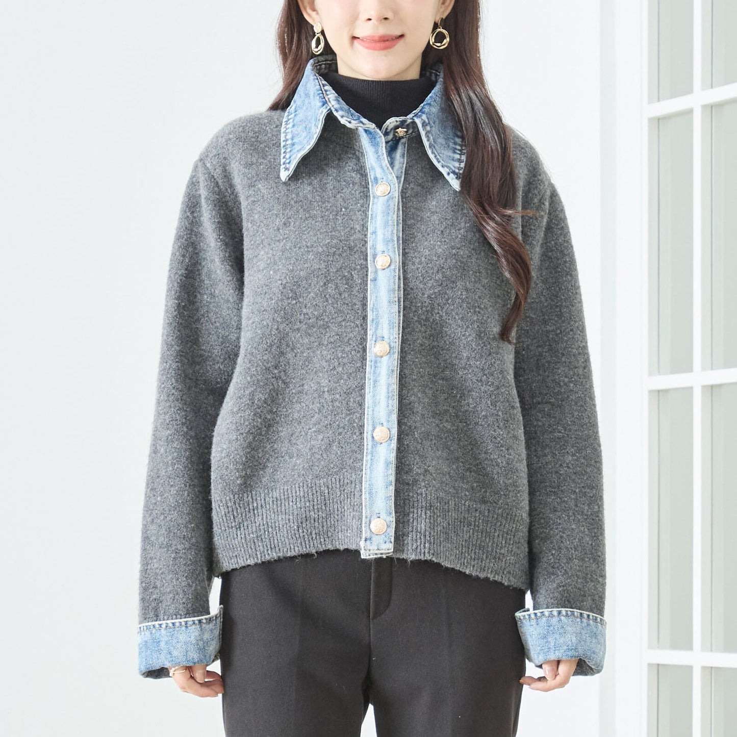 異素材切替 デニム衿×カーディガン