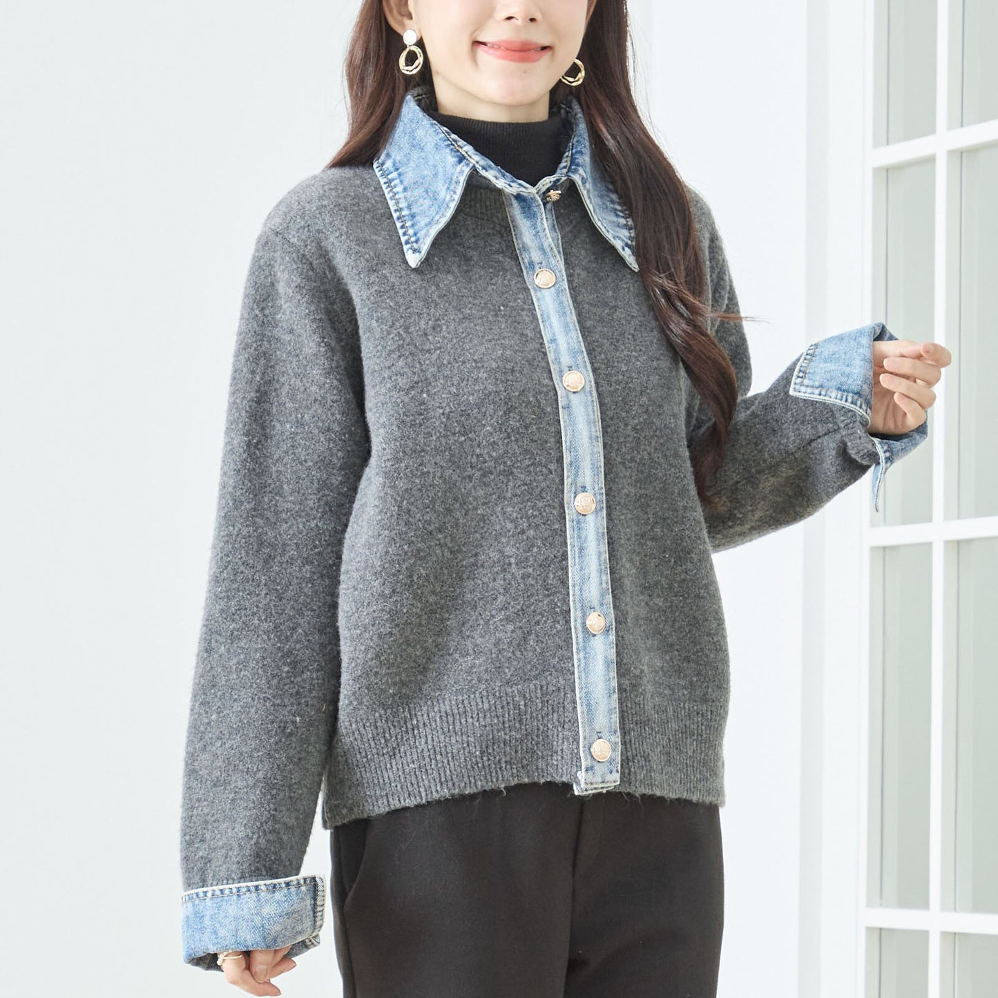 異素材切替 デニム衿×カーディガン