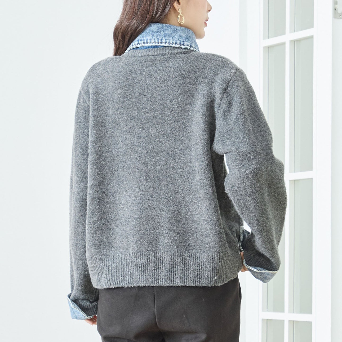 異素材切替 デニム衿×カーディガン