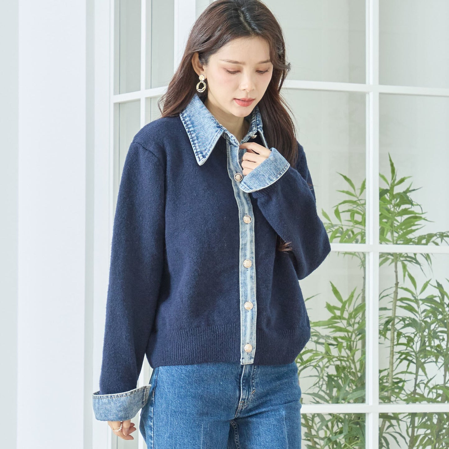 異素材切替 デニム衿×カーディガン