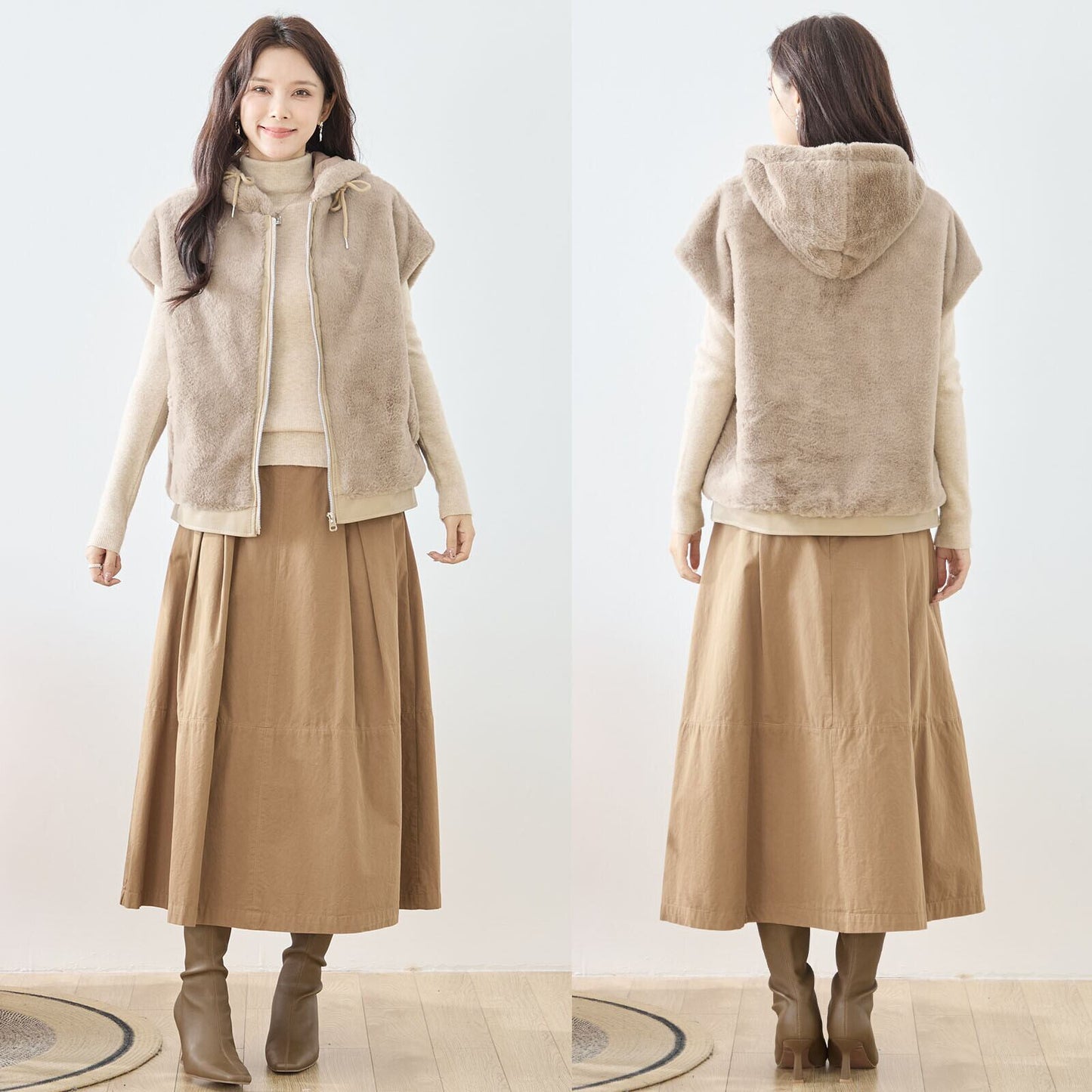 ふわ軽フード付きボアベスト／二の腕・お腹まわりをやさしくカバー