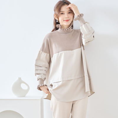 異素材切り替えフリルネックチュニック／やわらかトーンの体型カバーニットドッキングブラウス